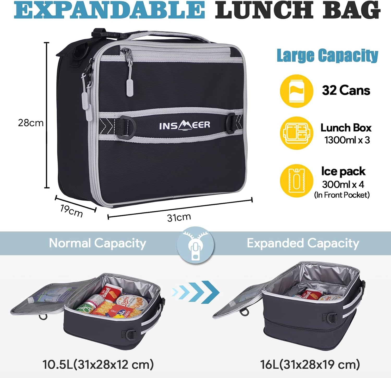 INSMEER Insulated 16L Expandable Lunch Bag, Insulated Lunch Box Cooler Bag with Shoulder Strap &ndash; Lunch Bag for Men, Work, Office & Picnic image number 5