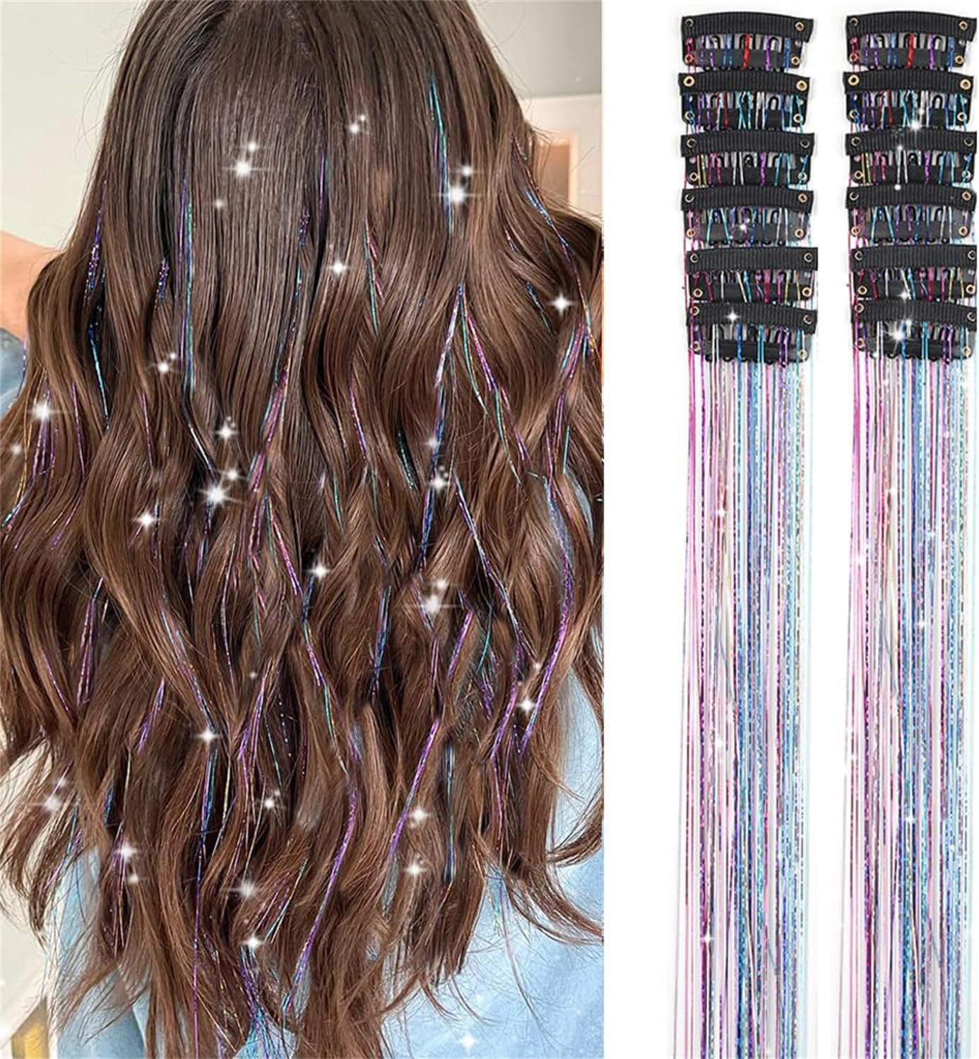 Hair Tinsel Clip in Gold Fairy Hair Tinsel Kit, 12 Pcs 20 Inch Glitter Clip in Hair Extensions for Girls Women Kids Christmas New Year Festival Party (Colorful) image number 5
