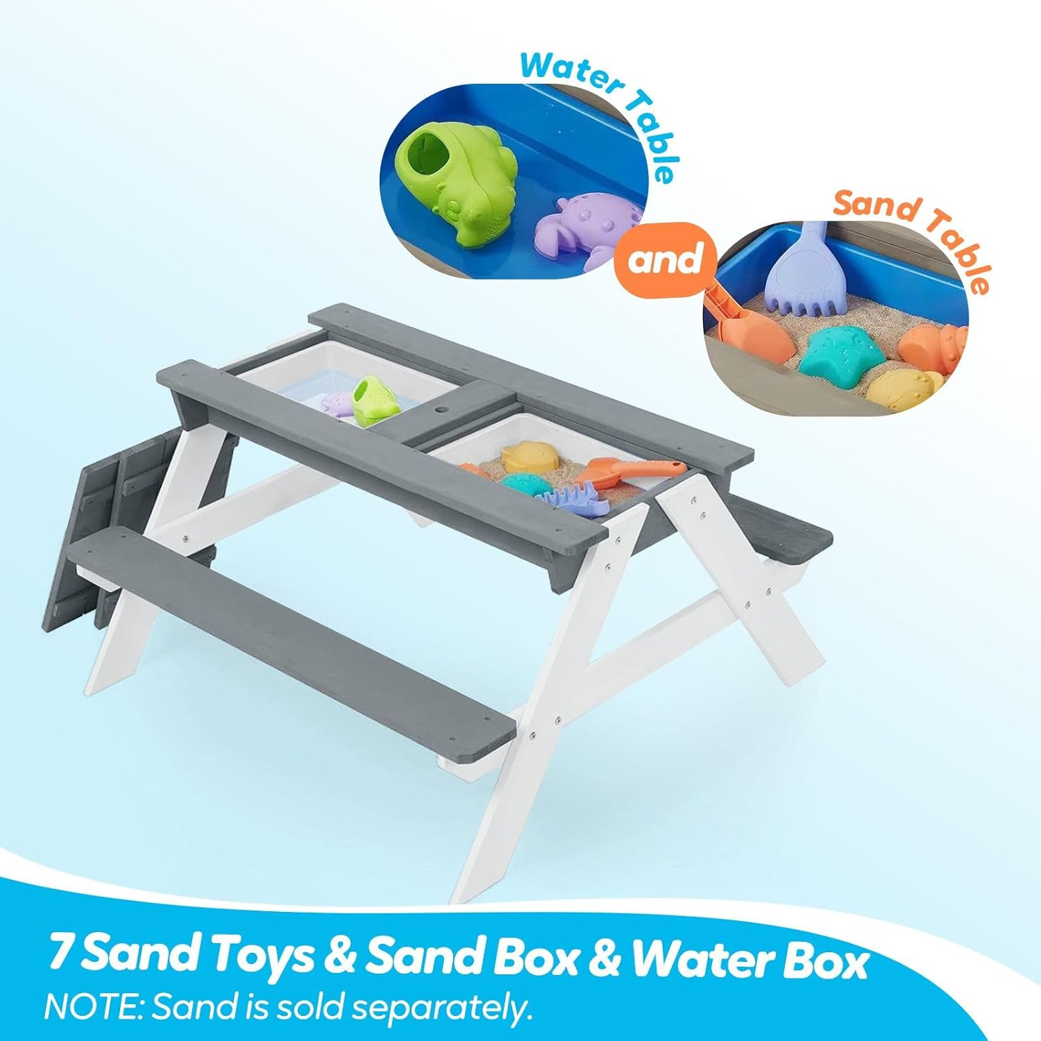 Kids Sand Water Table Chairs Set 3In1 Childs Outdoor Activity Desk Bench Childrens Picnic Craft Furniture Wooden Sensory Play Centre with Umbrella image number 4