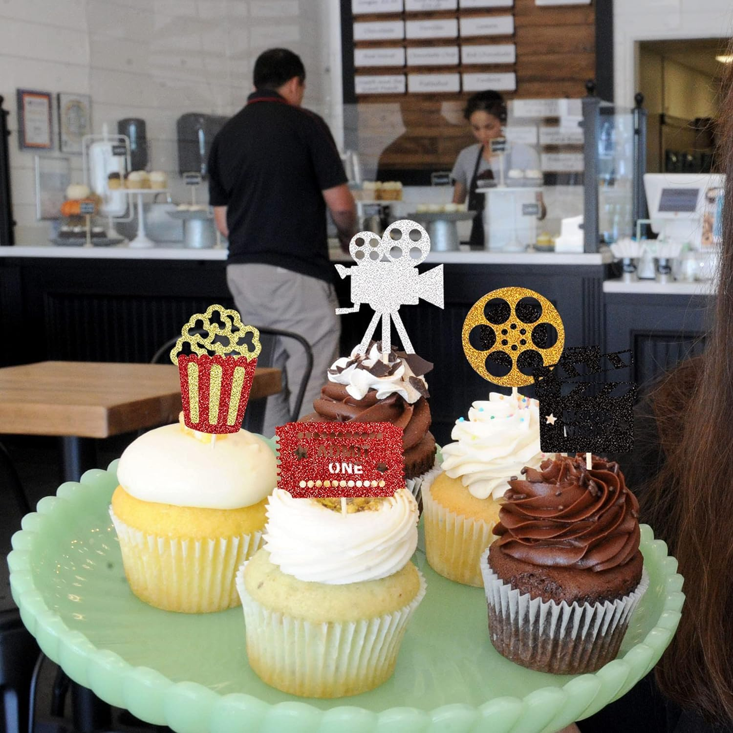 SYKYCTCY 30 Pack Movie Theater Cupcake Toppers Glitter Night Roll Camera Popcorn Cupcake Picks Hollywood Theme Baby Shower Kids Birthday Party Cake Decorations Supplies image number 2