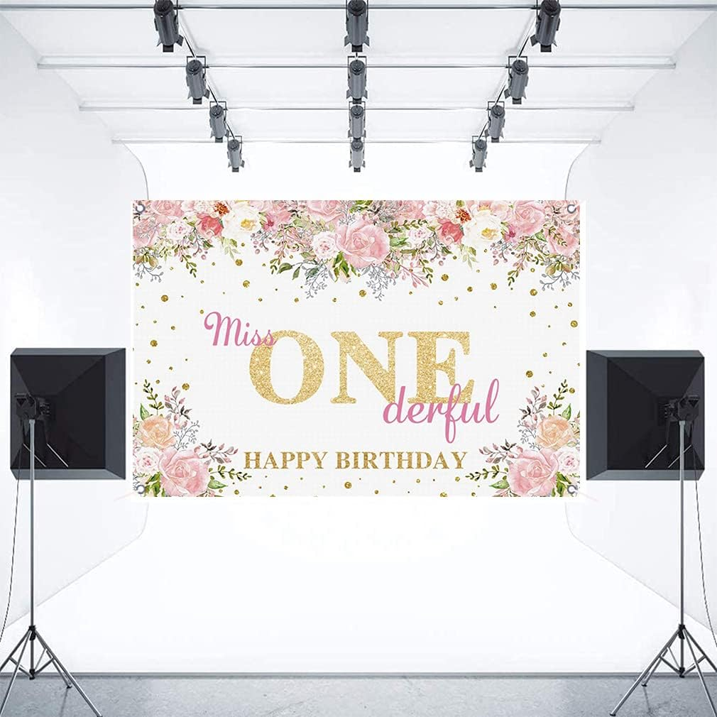 Miss Onederful Birthday Backdrop Watercolor Flowers Golden Dots First Birthday Photography Backdrop Baby Girl Happy 1St Birthday Party Decorations Supplies 120Cm image number 4