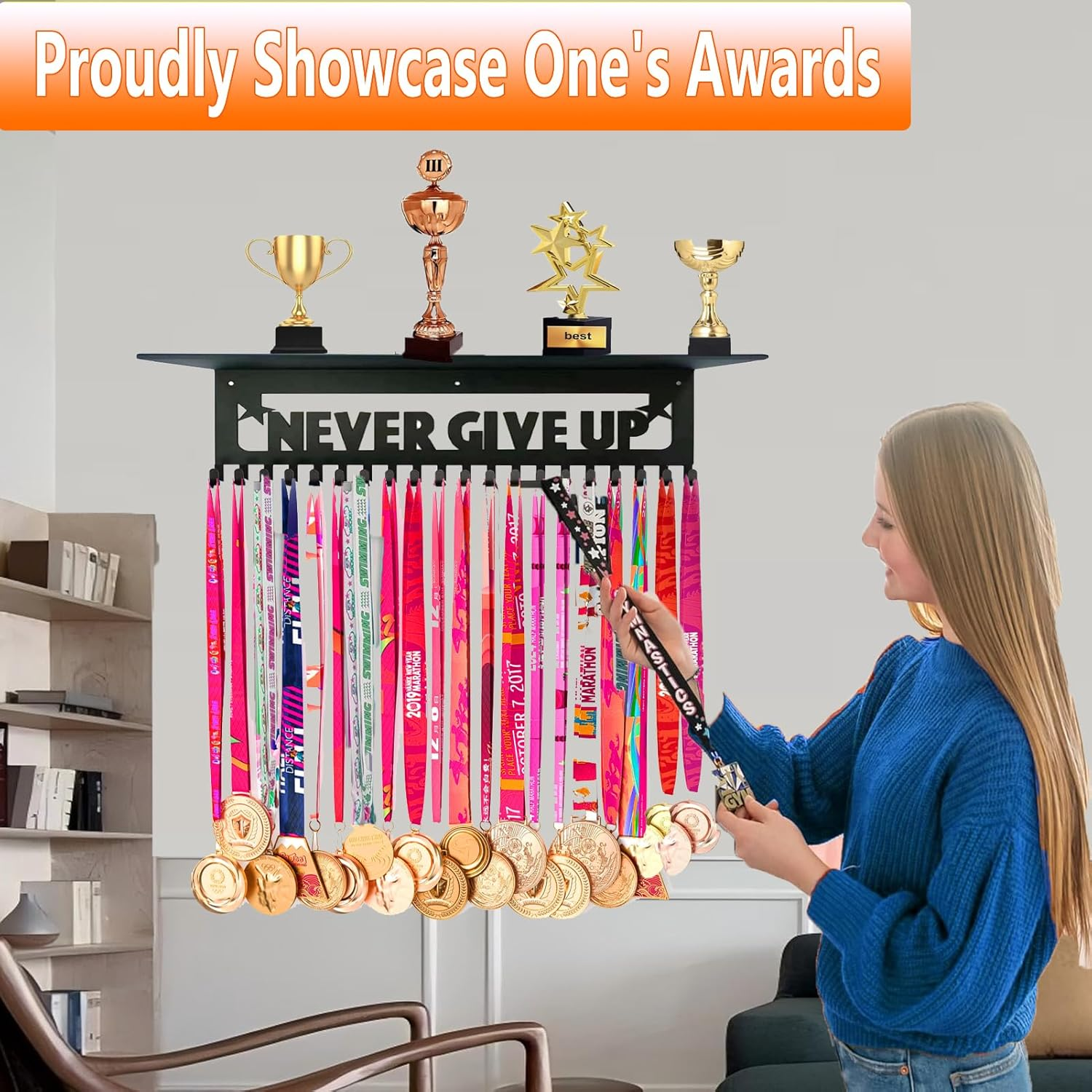 Medal Hanger Display,Trophy Shelf Medal Display Holder with 20 Hooks,Metal Awards Rack for Walls Holds,Race Medal Display Upgraded Medal Holder Display for Gymanstics,Soccer,Swim,Run image number 3