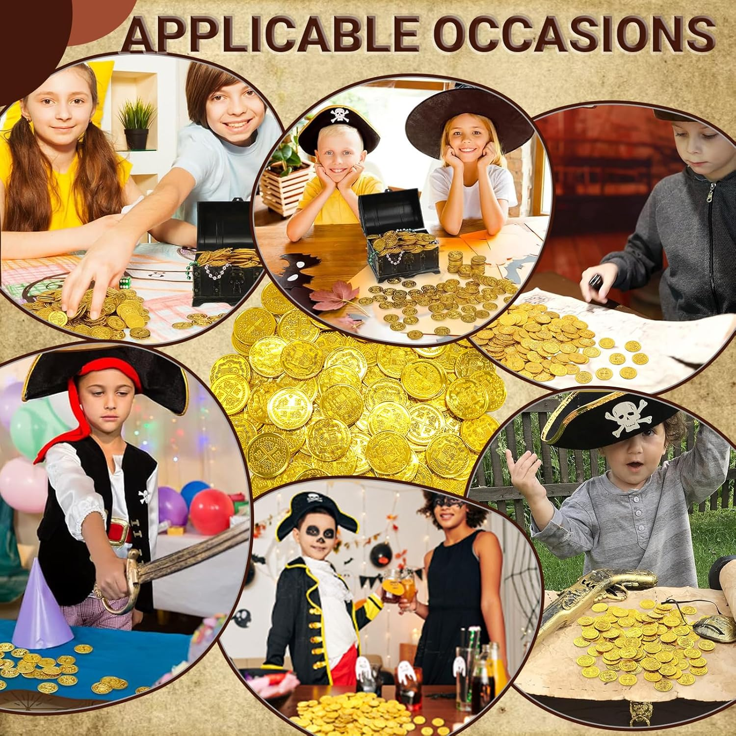 JOWILIN Pirate Coins Set, 100 Pcs Plastic Pirate Gold Coins, Treasure Hunt Coins, Fake Pirate Coins for Pirate Adventure Themed Supplies, Birthday Party Props, Pirate Party Favors