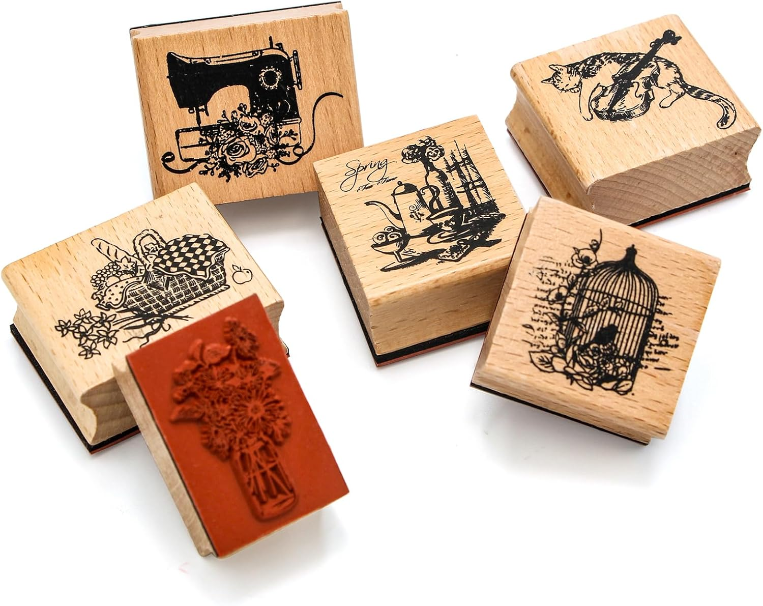 6PCS Wood Rubber Stamp Set, Multipurpose Vintage Rubber Seal, Art Stamps for Scrapbook, DIY Card Making, Bullet Journals and Arts & Craft image number 3