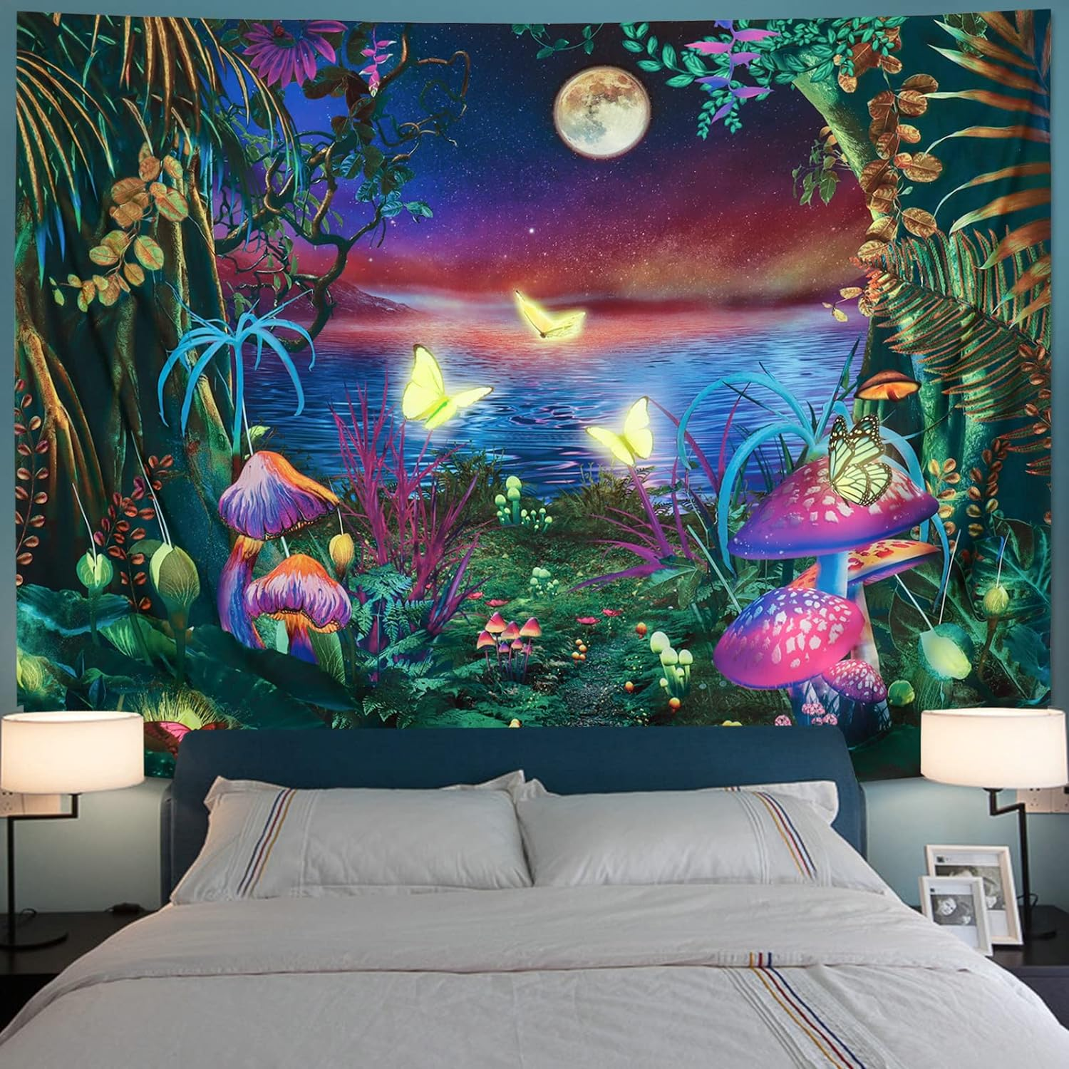 Serborlur Fantasy Forest Tapestry UV Reactive Butterfly Tapestries Galaxy Space Tapestry Wall Hanging for Bedroom Living Room (51.2 &times; 59.1 Inches) image number 1