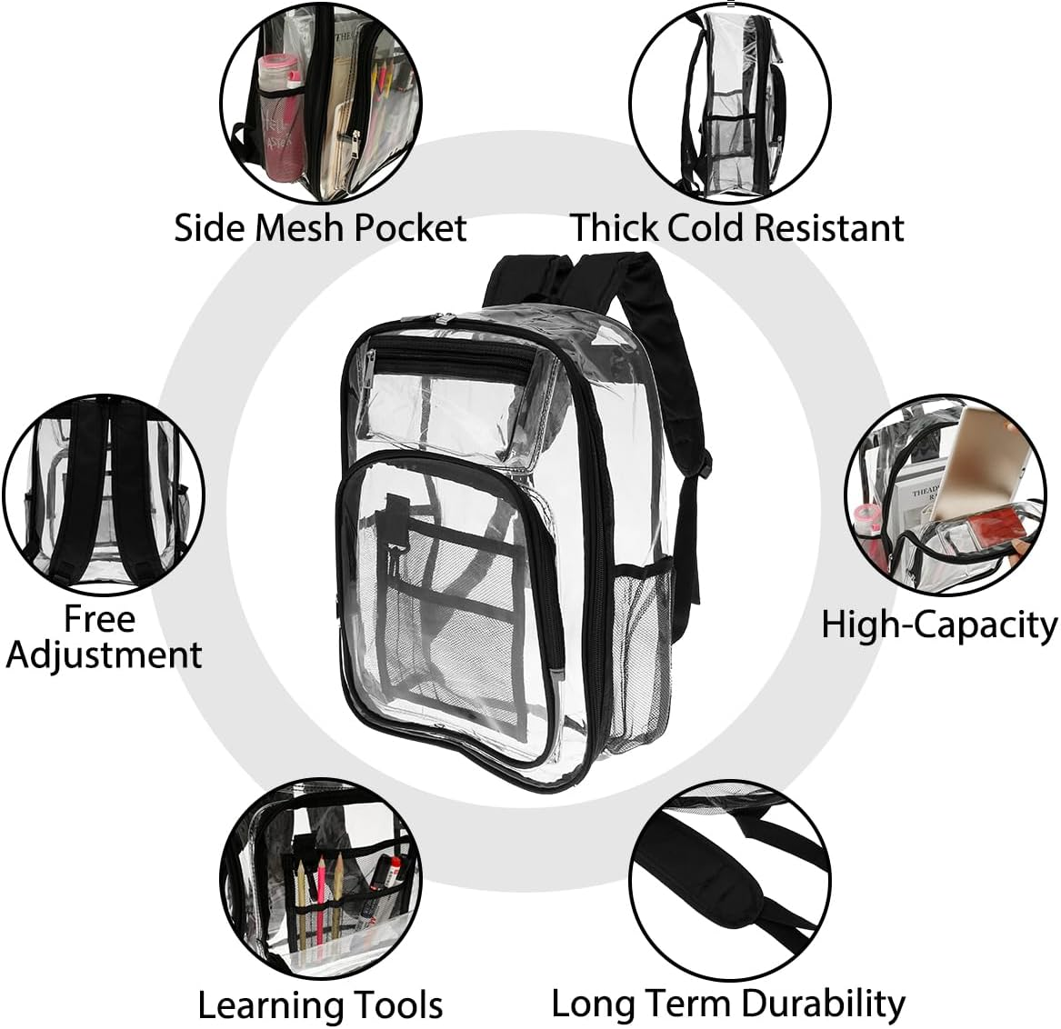 Clear Backpack Transparent Durable PVC Book Bag with Multiple Pockets Reinforced Stitching See through Backpack with Adjustable Shoulder Strap Waterproof Large Capacity School Bag