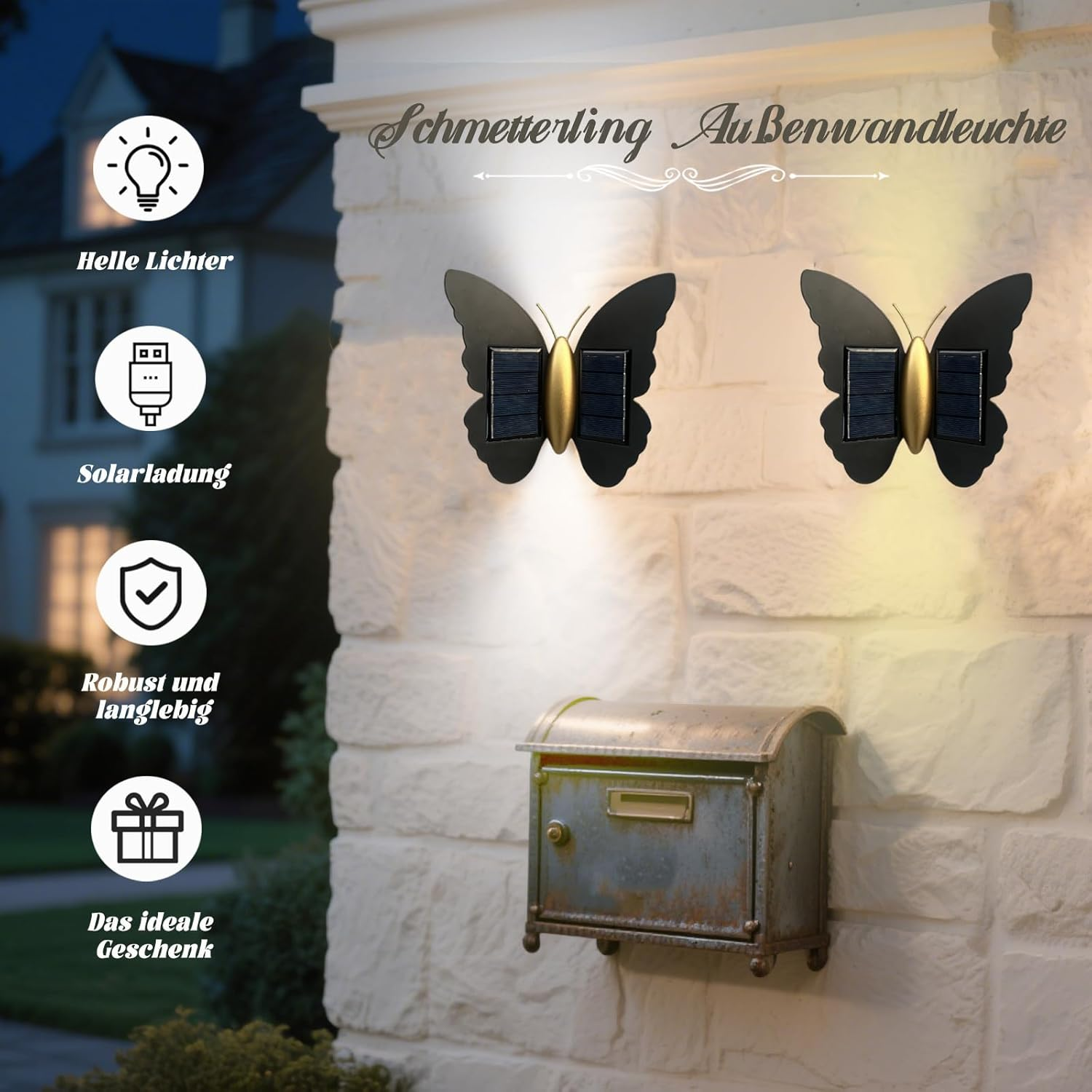 Solar Wall Light, LED Butterfly Outdoor Wall Light, Waterproof Outdoor Lighting, Suitable for Garden Wall Lighting, Garage, Door Outdoor Wall Lighting, the Ideal Gift (White Light) image number 1