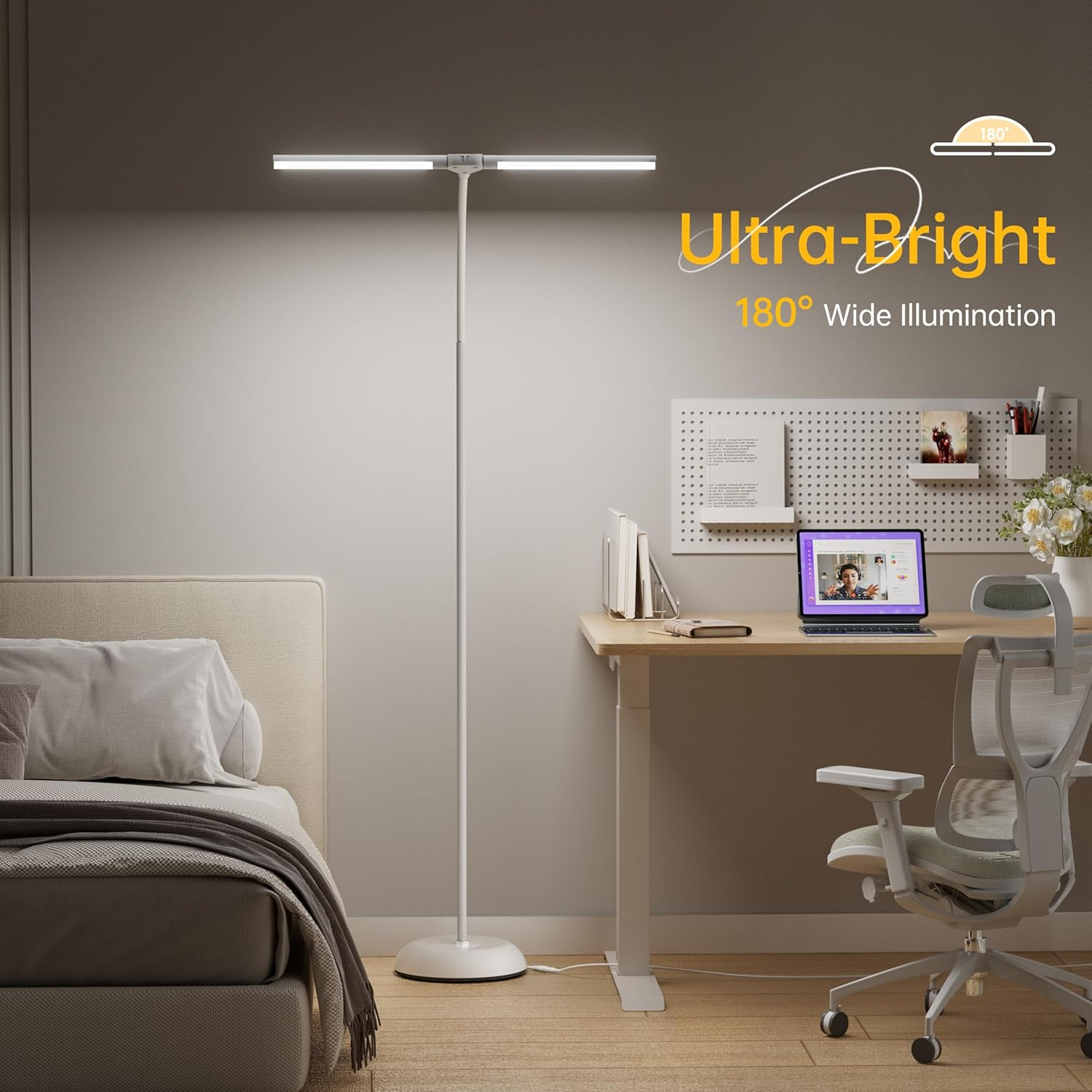 Dual LED Light Bar Floor Lamp, 59Cm Long 180&deg; Wide-Angle Stand Lamp, Independent Dual-Head Control Reading Light, 4 Brightness Levels, Floor Lamps for Living Room with 360&deg; Flexible Gooseneck (White) image number 5