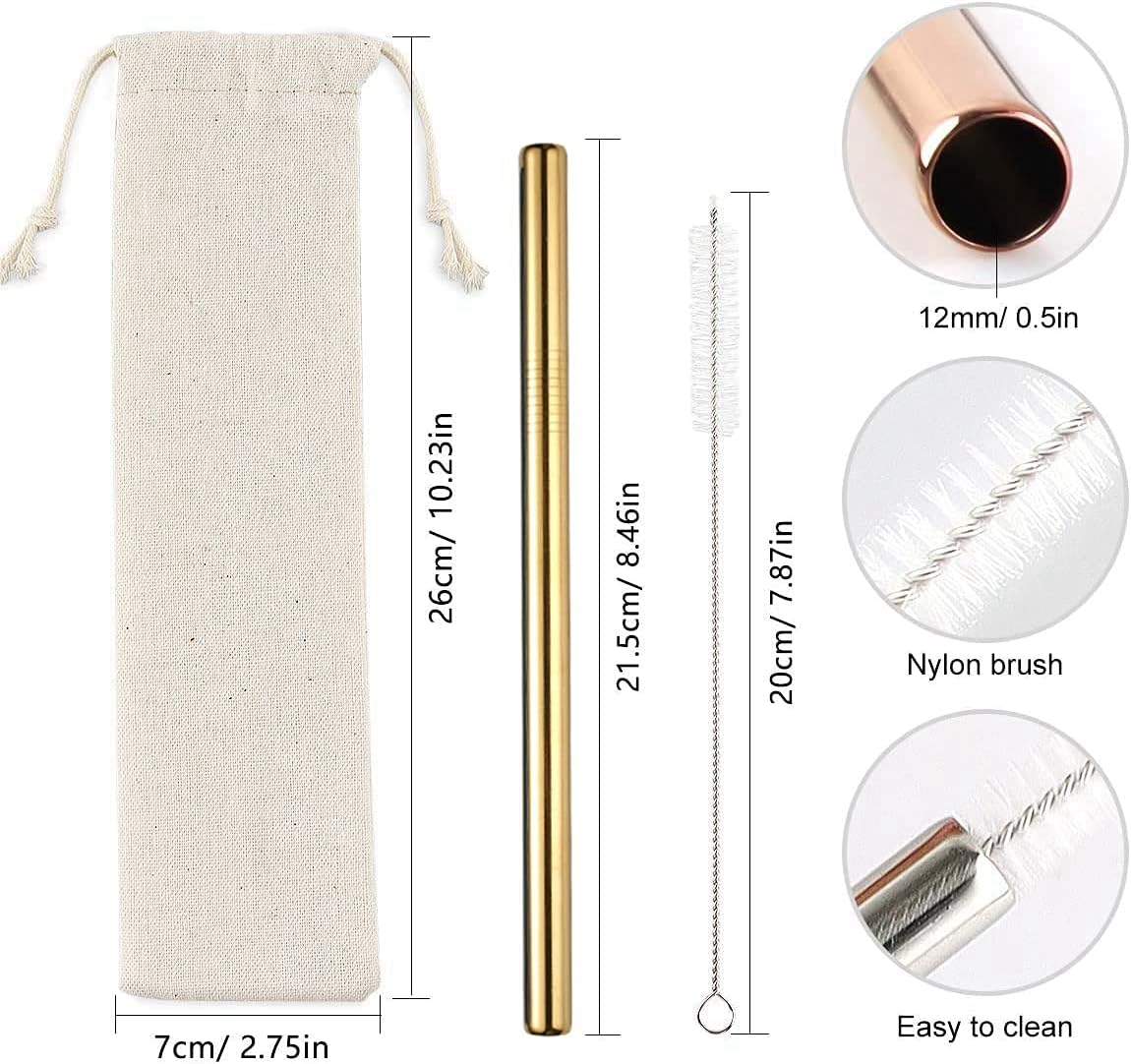 7 Pcs 8.5" Reusable Boba Drinking Straws 304 Stainless Steel Straws Set with 2 Cleaning Brushes Wide Metal Straw for Bubble Tea Milkshakes Smoothie Bar Accessory (Gold) - Mixed Color image number 3