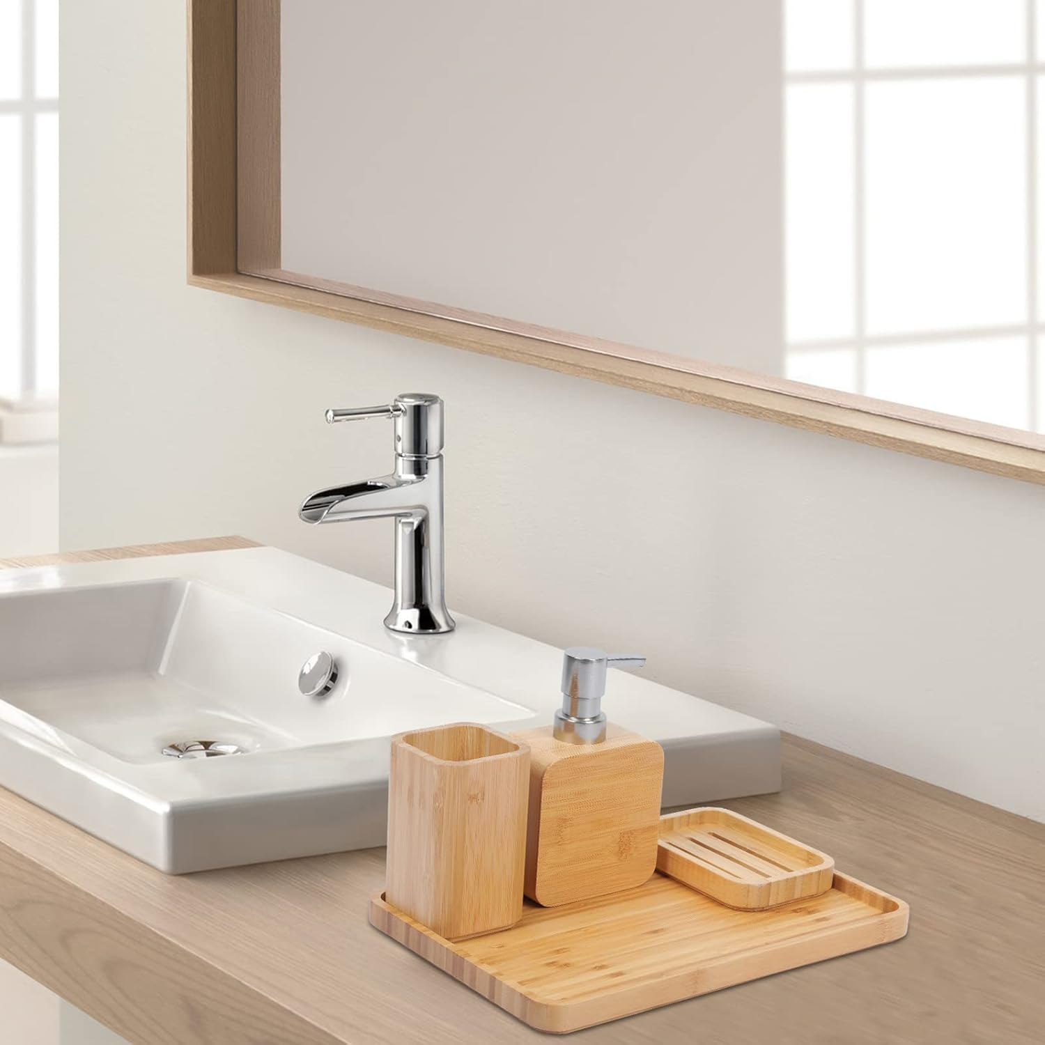 Asashizen 4-Piece Retro Handmade Bamboo Bathroom Accessory Set, Bathroom Set, Soap Dish Holder for Shower, Lotion Soap Dispenser, Mouthwash Cup, Rinse Cup, Organiser Tray image number 3