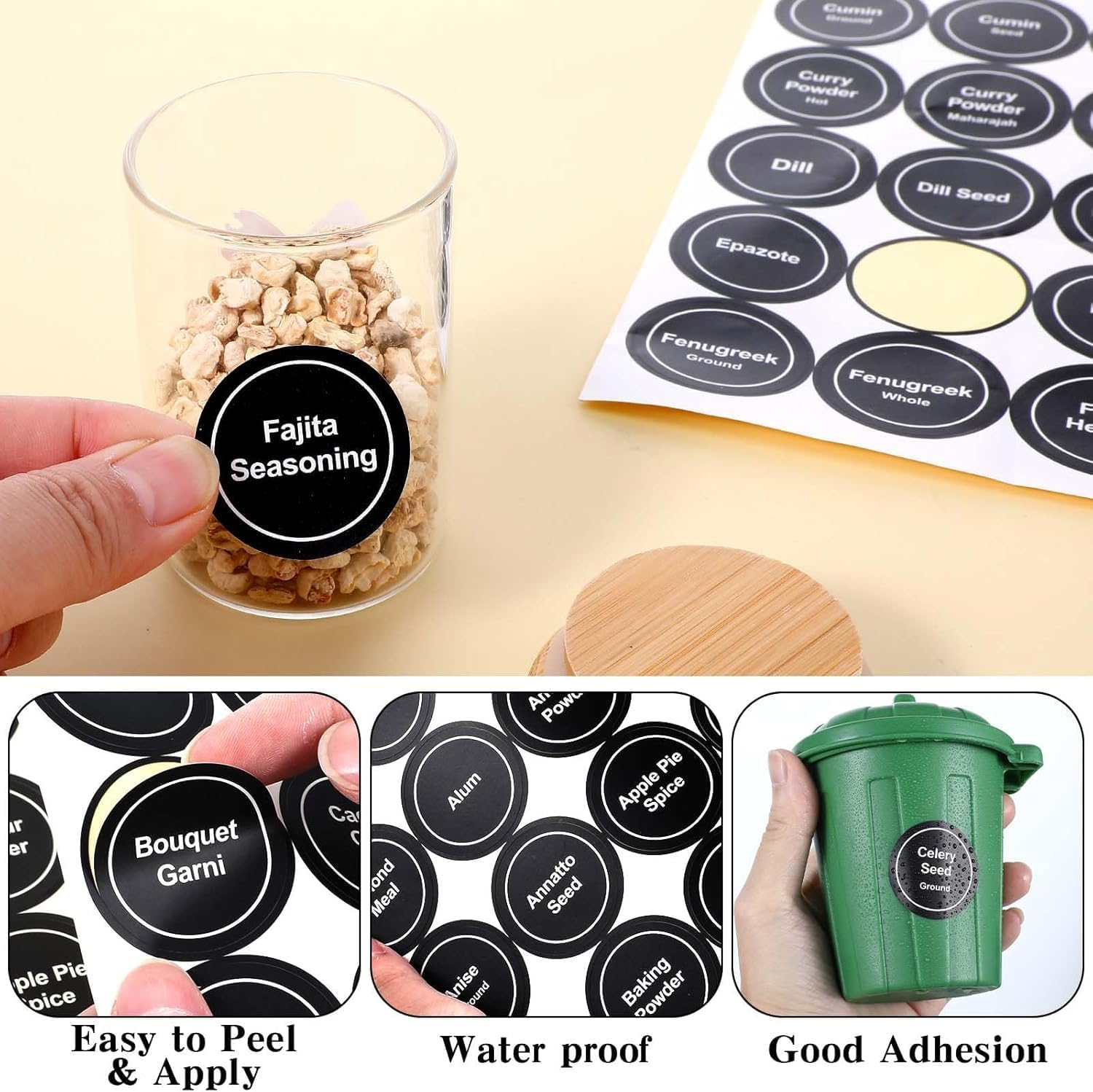 JCZD 432 PCS Spice Labels Stickers, 3.5Cm Spice Labels for Kitchen, Waterproof Adhesive round Preprinted Spice and Blank Labels for Jars, Caps, Food Containers, Spice Organizers (Black)
