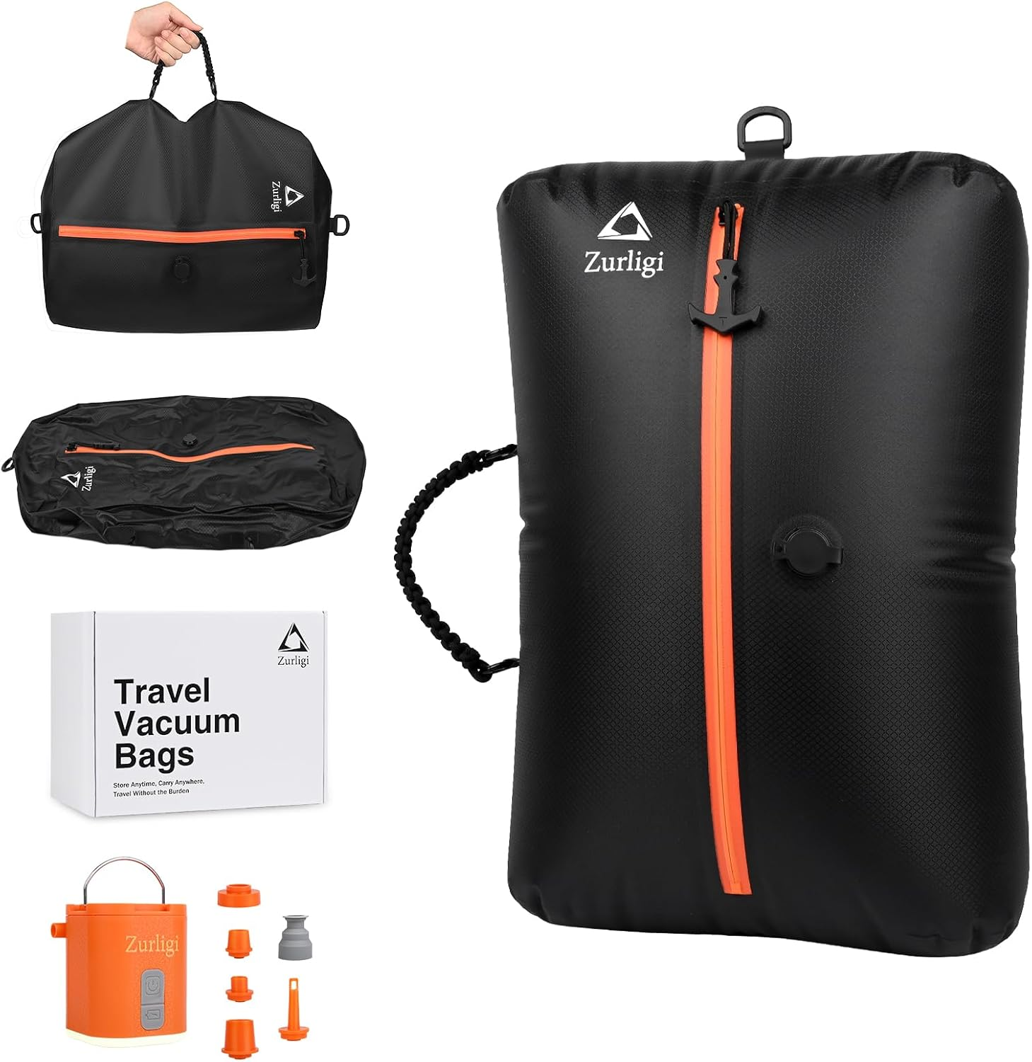 Zurligi Vacuum Bag for Travel with Pump, 40L Vacuum Compression Bag with Removable Handle, IP67 Reusable Vacuum Packing Cubes for Luggage, Backpack, Suitcase, Yoga, Swim, Beach (2PCS Black)