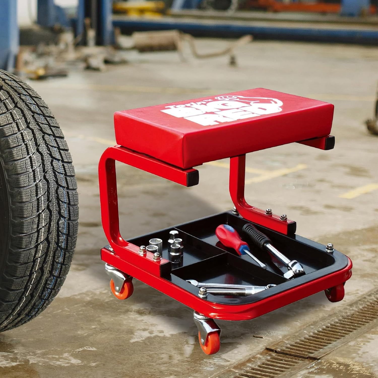 Torin TR6300 Rolling Creeper Garage/Shop Seat: Padded Mechanic Stool with Tool Tray, Red