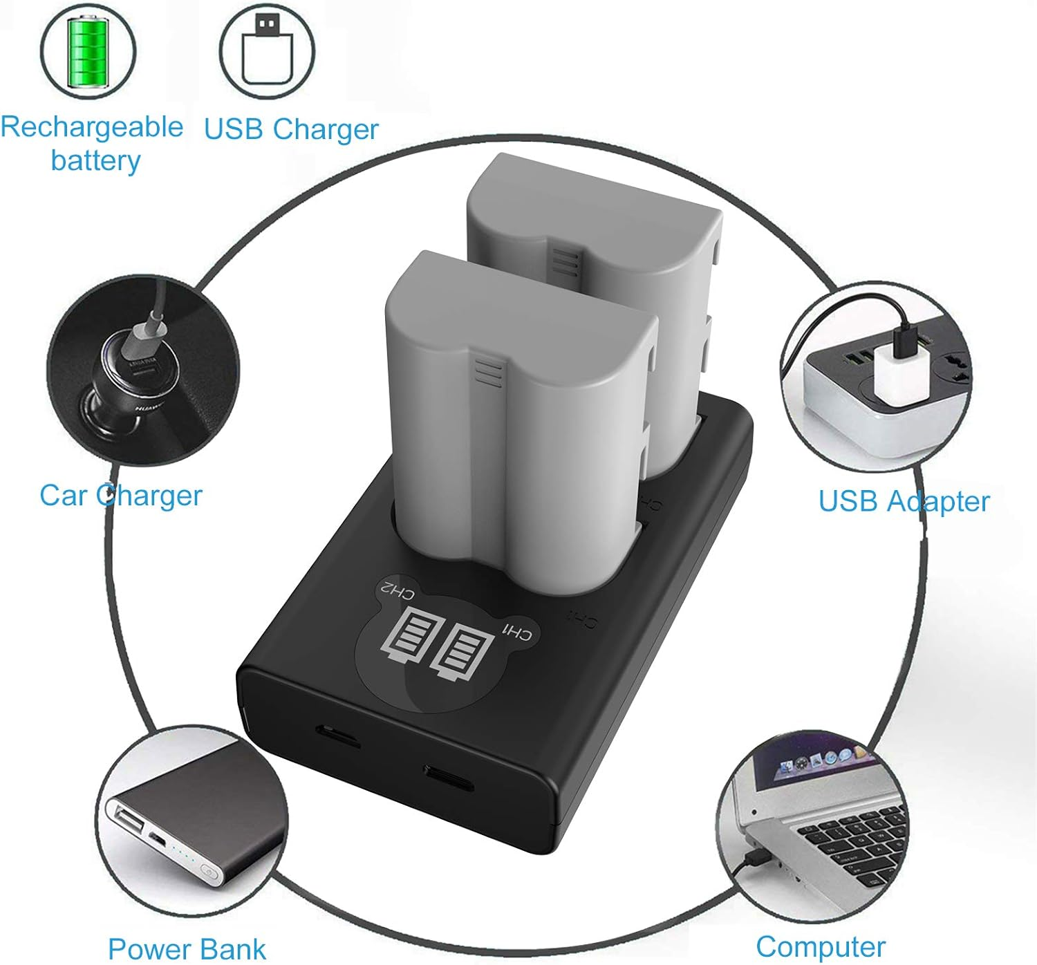 EN-EL3 En-El3E Battery (2 Pack) and Dual USB Charger Kit for Nikon EN-EL3 EN-EL3E Nikon D50 D70 D70S D80 D90 D100 D200 D300 image number 2