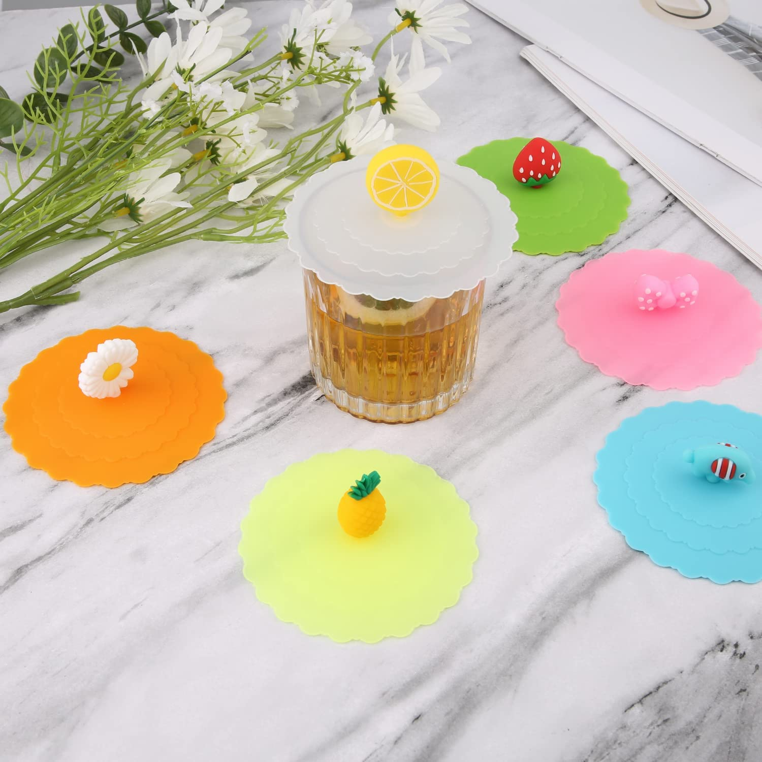 KINBOM 8Pcs Silicone Cup Lids, Colorful Anti-Dust Mug Cover - Cute Reusable Lids for Cups, Mugs, Beer Glasses - 8 Styles image number 2