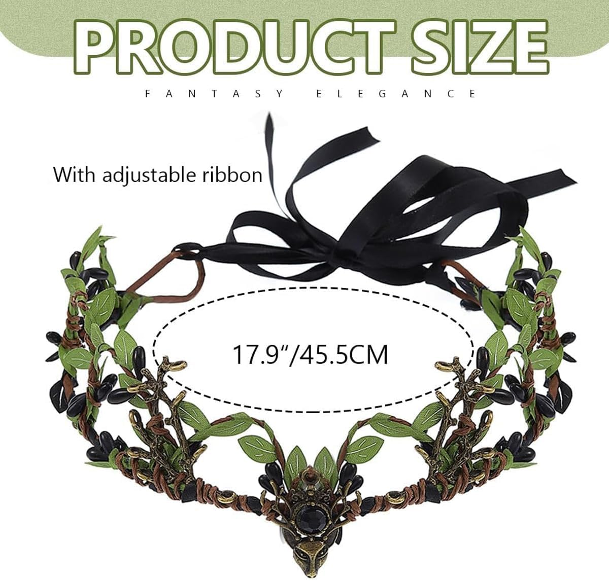 AIMALL Green Leaf Wreath Crown Hair Band with Adjustable Ribbon - Elven Fairy Bride Bridesmaid Headwear for Wedding, Photo Props, and Fantasy-Themed Events image number 2