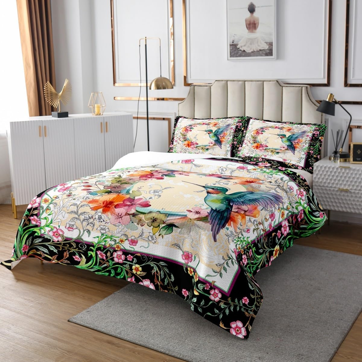 Manfei Hummingbird Flowers Woman Bedspread Set M Size, Watercolour Floral Leaves Botanical Bedding Set, Children Girls Teens Adult Room Decor, Natural Animals Comforter Set Spring Garden Quilt Set - Multicoloured 12 image number 4