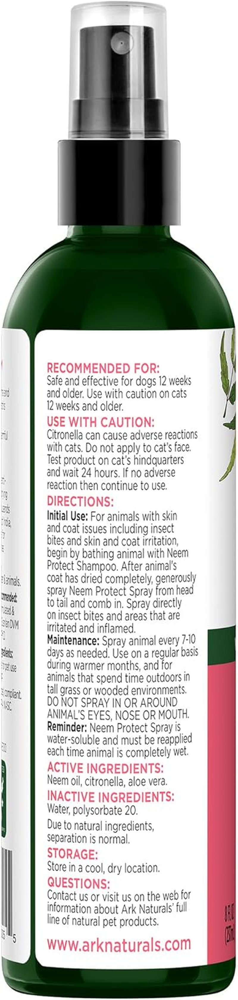 Ark Naturals Neem Protect Spray for Dogs and Cats, Soothes Irritated Skin and Relives Itching Due to Ticks and Fleas, Gentle Natural Ingredients, 8 Oz. Bottle image number 3