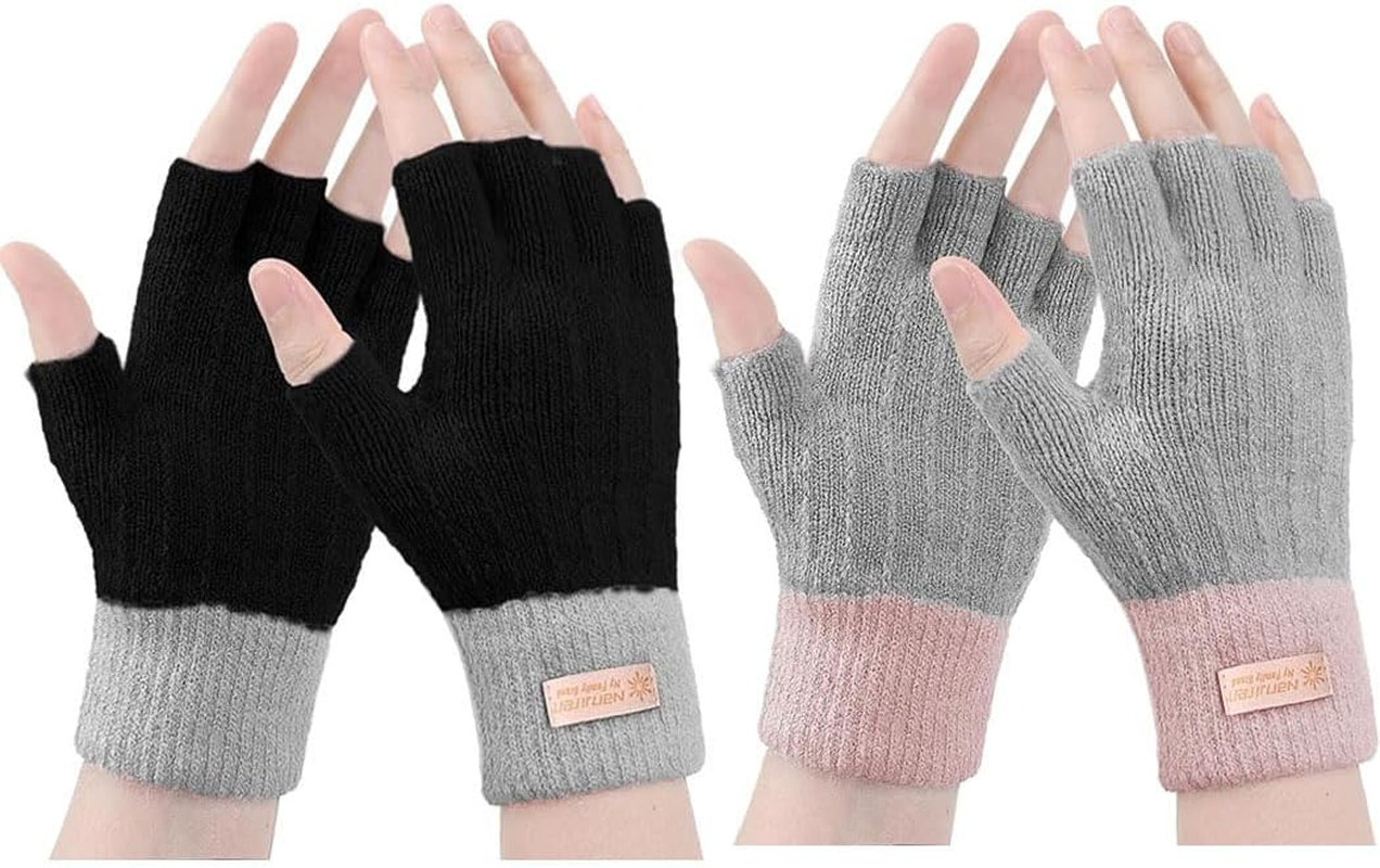 2 Pairs Fingerless Gloves for Women Warm, Winter Thermal Gloves Knitted Soft Half Fingers Mittens for Cold Weather Driving Working Typing