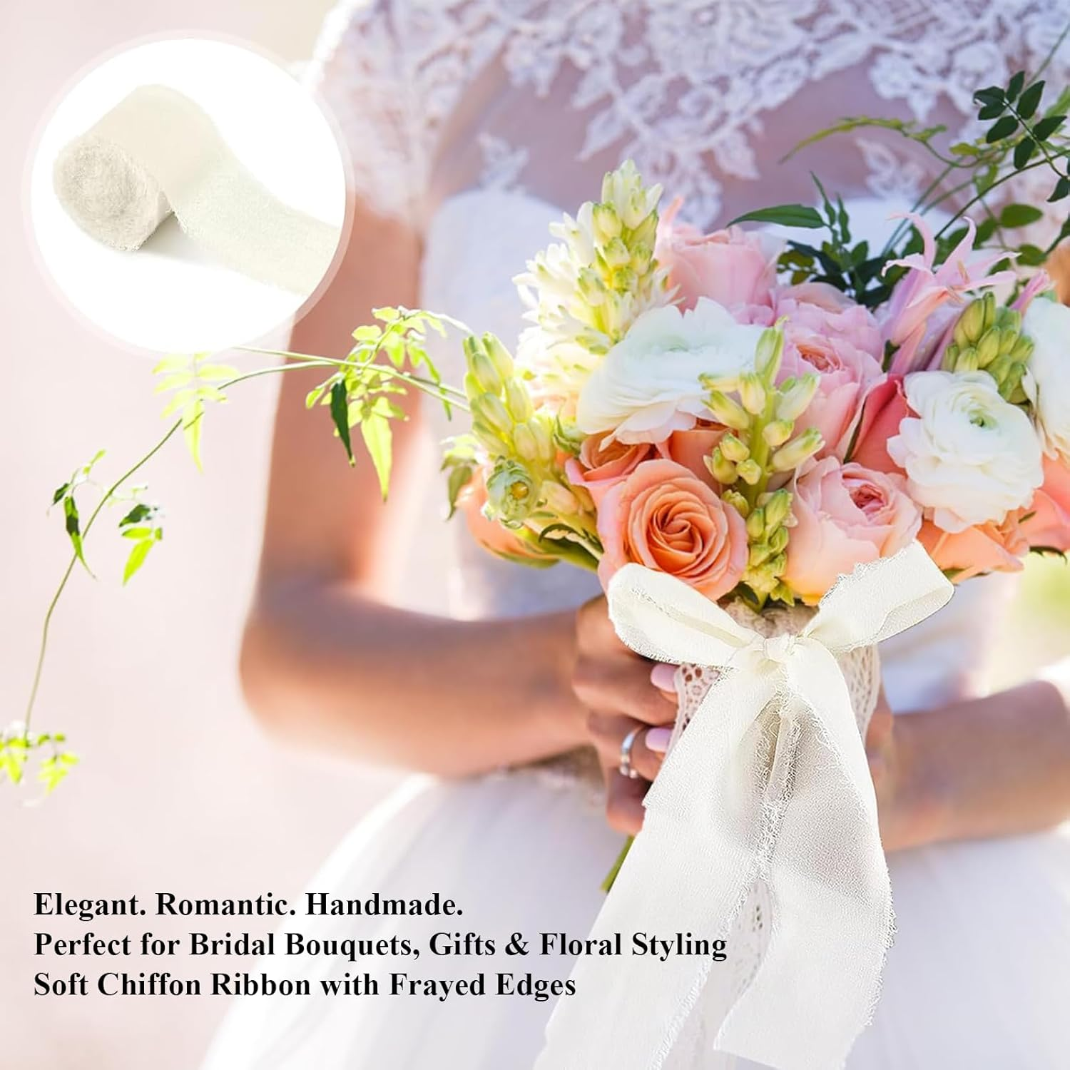 Rhoyee 3 Rolls Ivory Chiffon Ribbon &ndash; Handmade Fringe Silk Ribbon Set (2.5Cm X 5M Each, 15M Total) for Wedding Bouquets, Gift Wrapping, Invitations, DIY Crafts & Floral Decorations image number 2
