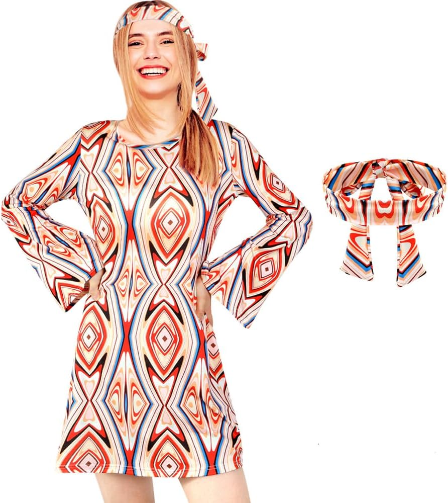 Slowton 70S Disco Costume Women - 70S 80S Hippie Costumes with Headband, Disco Dress Halloween Costume Outfit Hippie Clothes for Fancy Dress Cosplay Carnival Party image number 1