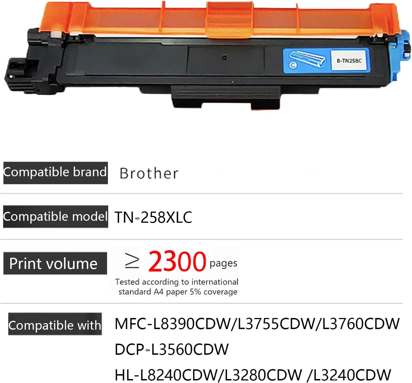 JOJOBE Planet TN-258XLC Compatible Toner Cartridge with Brother MFC-L8390CDW L3755CDW L3760CDW L8240CDW HL-L3280CDW L3240CDW DCP-L3520CDW L3560CDW , 2300 Pages per Cartridge Cyan image number 1