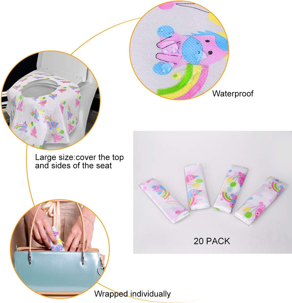 Paperkiddo 20 Pack Disposable Toilet Seat Covers Pink Unicorn Design Waterproof Potty Training Seat Cover Set Extra Large Perfect for Kids and Adults Individually Wrapped for Travel and Home - Unicorn B image number 4