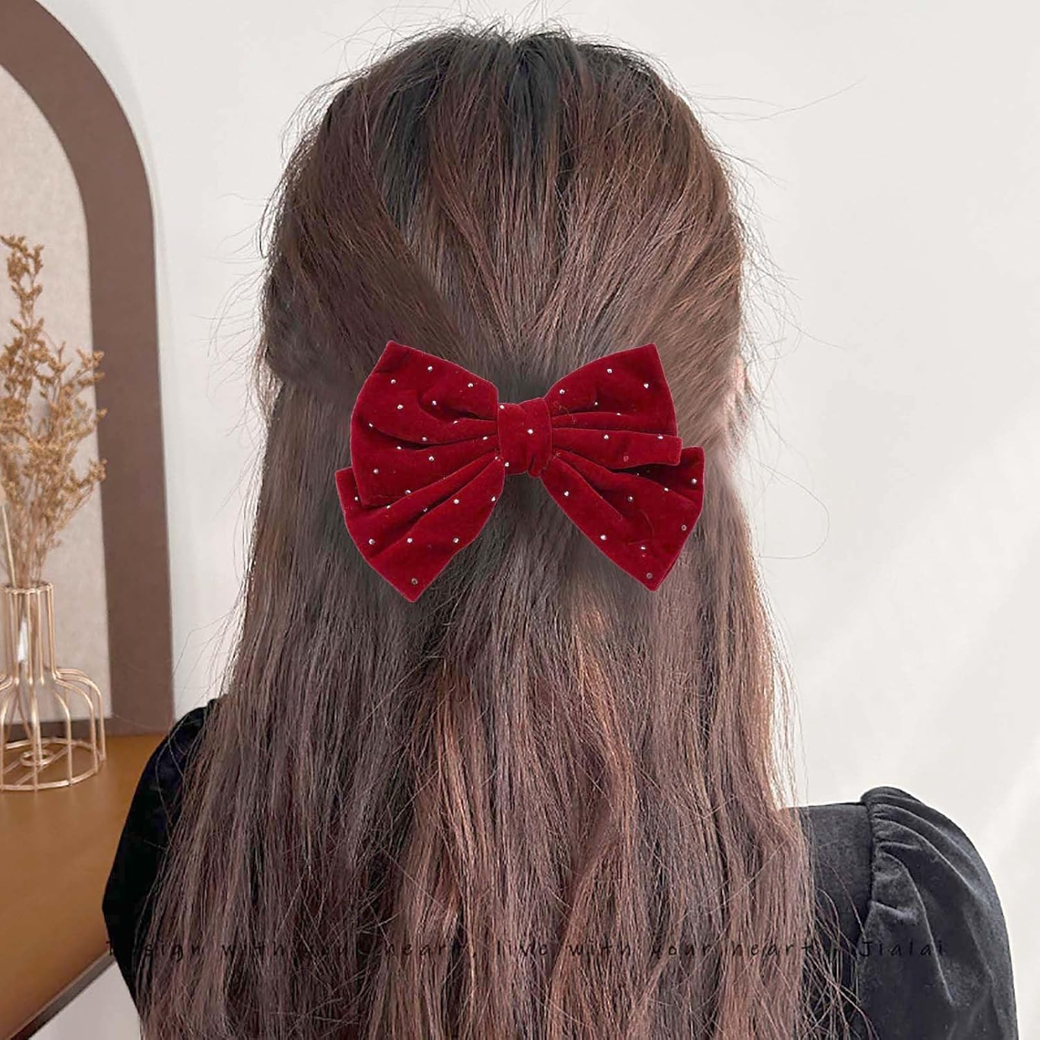 Red Hair Bows for Women Velvet Bow Hair Clips Glitter Crystal Bow Clips Cute Hair Bow Clips French Hair Band Bow Rhinestone Bows Party Prom Wedding Bow Clip image number 1