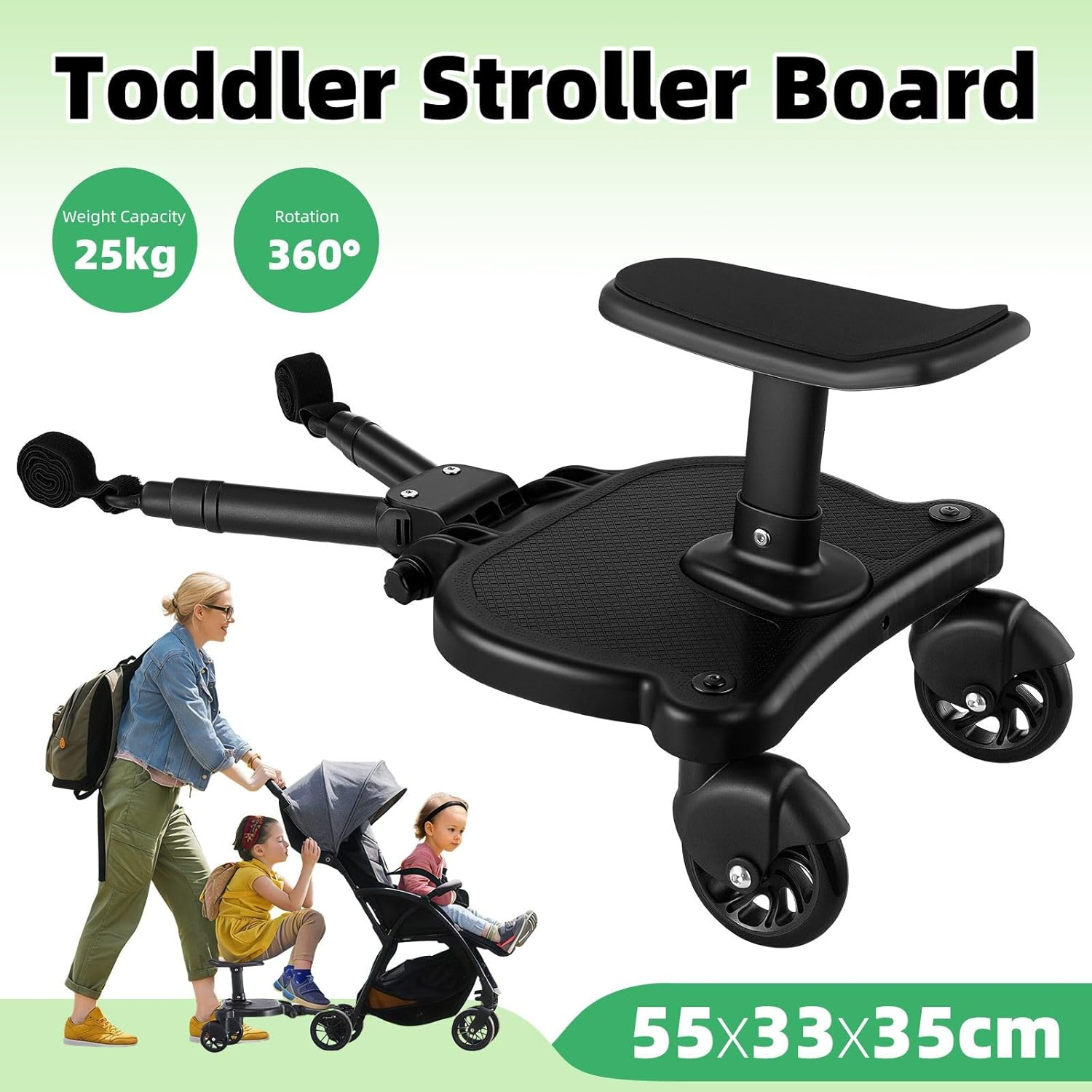 OGL Universal Stroller Board with Seat Attachment &ndash; Stand or Sit Ride-On Stroller Step Board for Toddlers, Adjustable Connector for Most Strollers, Shock-Absorbing Wheels, Holds up to 25Kg image number 5