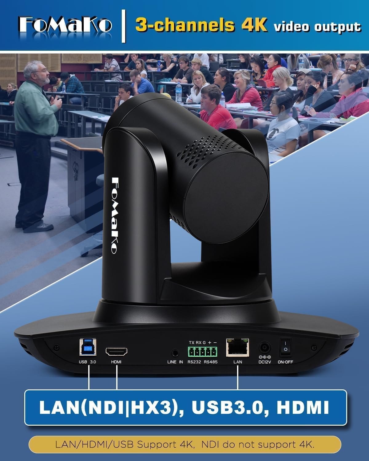 Fomako 4K PTZ Camera NDI HX3 AI Auto-Tracking, 20X Optical Zoom, NDI PTZ Camera 4K for Church Worship, Education, Live Events, Youtube OBS Live Streaming, NDI License Included, K20UH NDI Version image number 6
