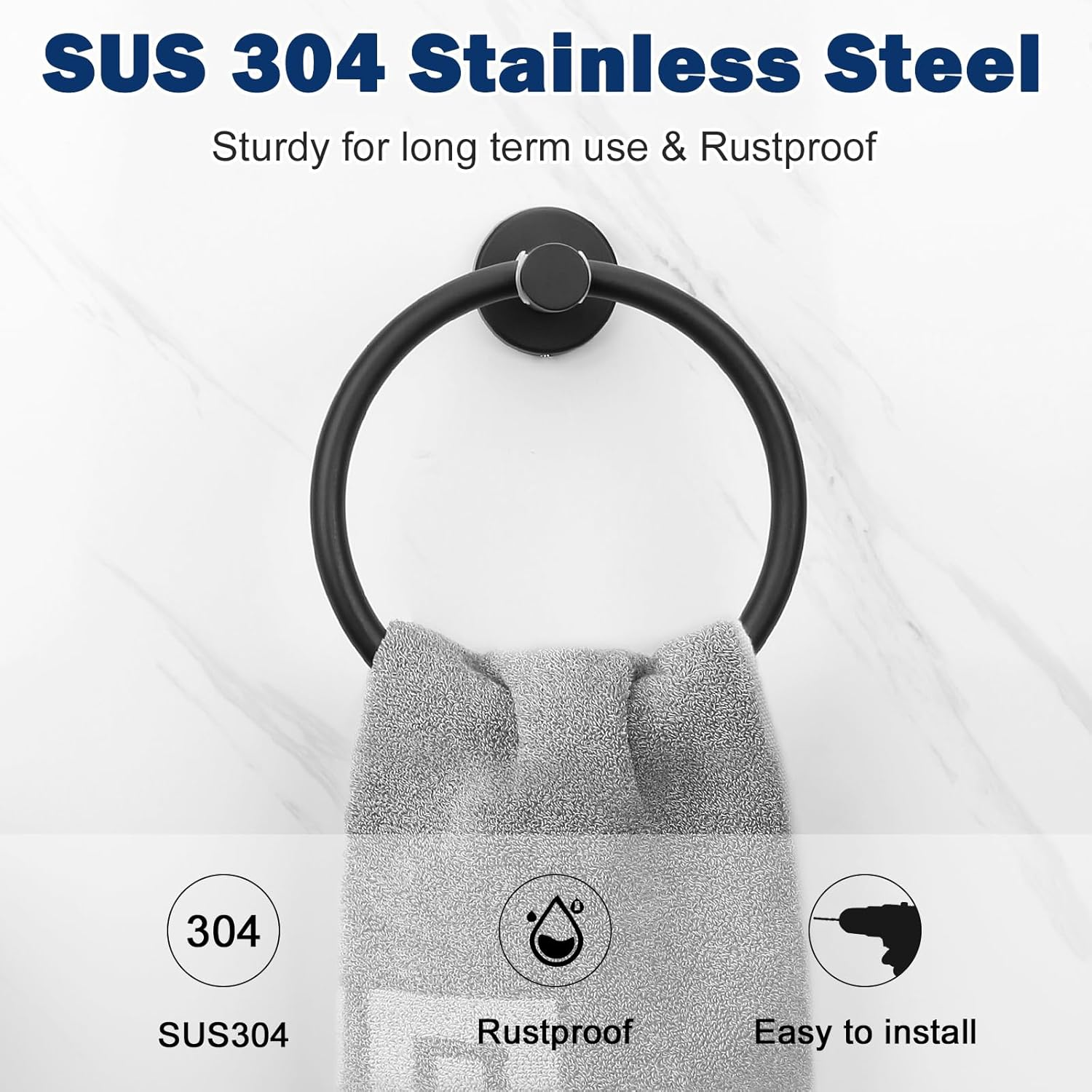 Nearmoon Bath Towel Ring, Bathroom Hardware Accessories-Thicken Stainless Steel Hand Towel Holder for Bathroom, Modern round Towel Hanger Wall Mounted (Matte Black, 1 Pack)