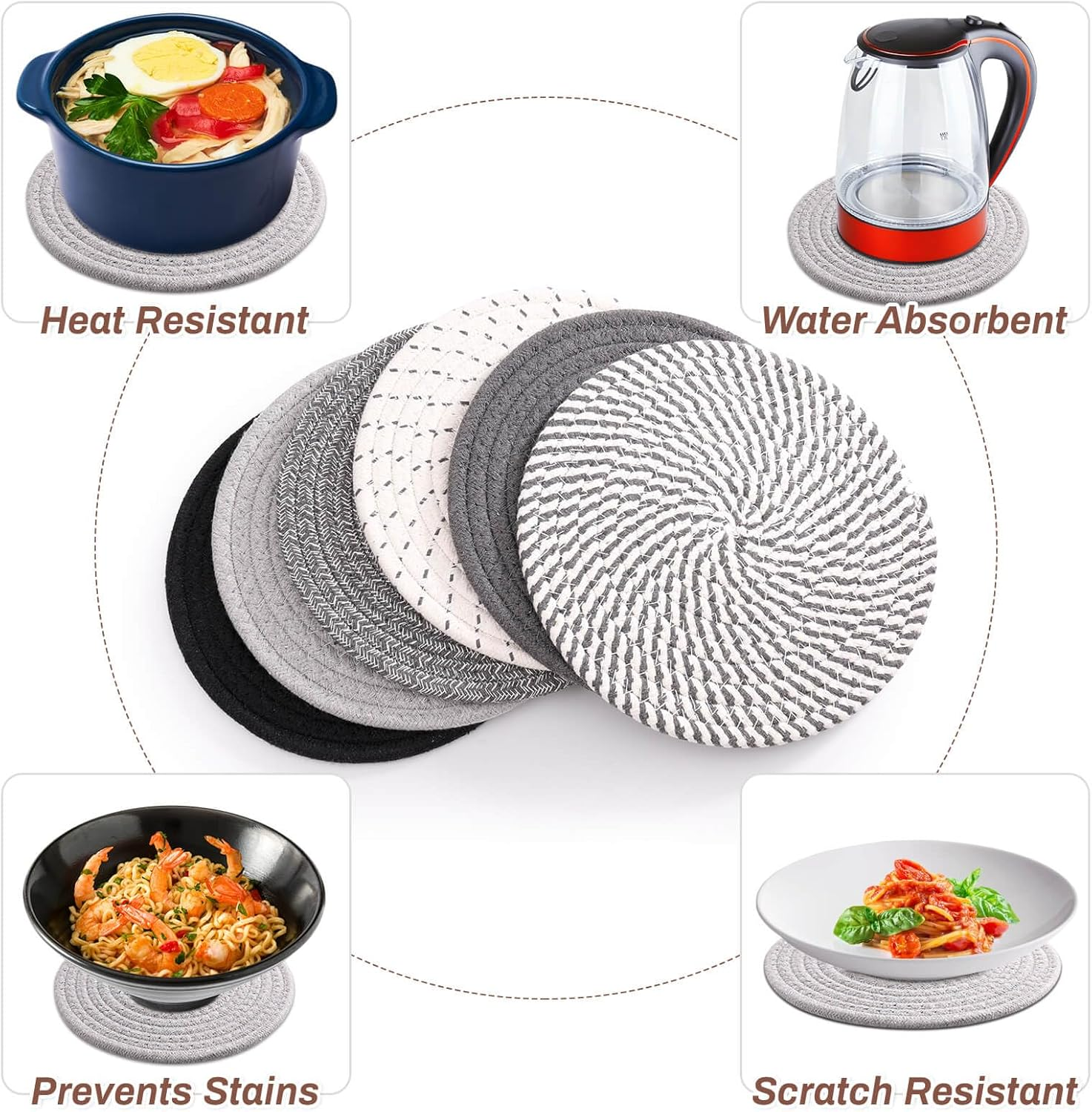 Billbotk 8'' Trivets Hot Dishes, Hot Pots and Pans, 6 Heat Resistant Hot Pads, Pot Holders Kitchen, Hot Plate Mats Kitchen Countertops, Table, Home Essentials New Home and Farmhouse Decor image number 3