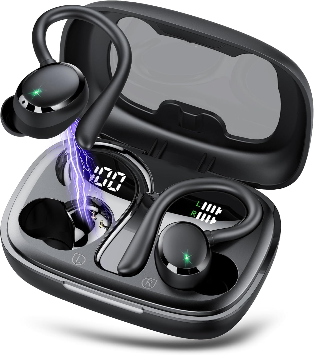 Wireless Earbuds, Bluetooth 5.3 Headphones with Earhook, 72Hrs Playtime, 4 ENC Noise Cancelling Mic, Deep Bass, LED Display, IP7 Waterproof,Over Ear Buds for Workout, Travel, Sport, Dark Black image number 1