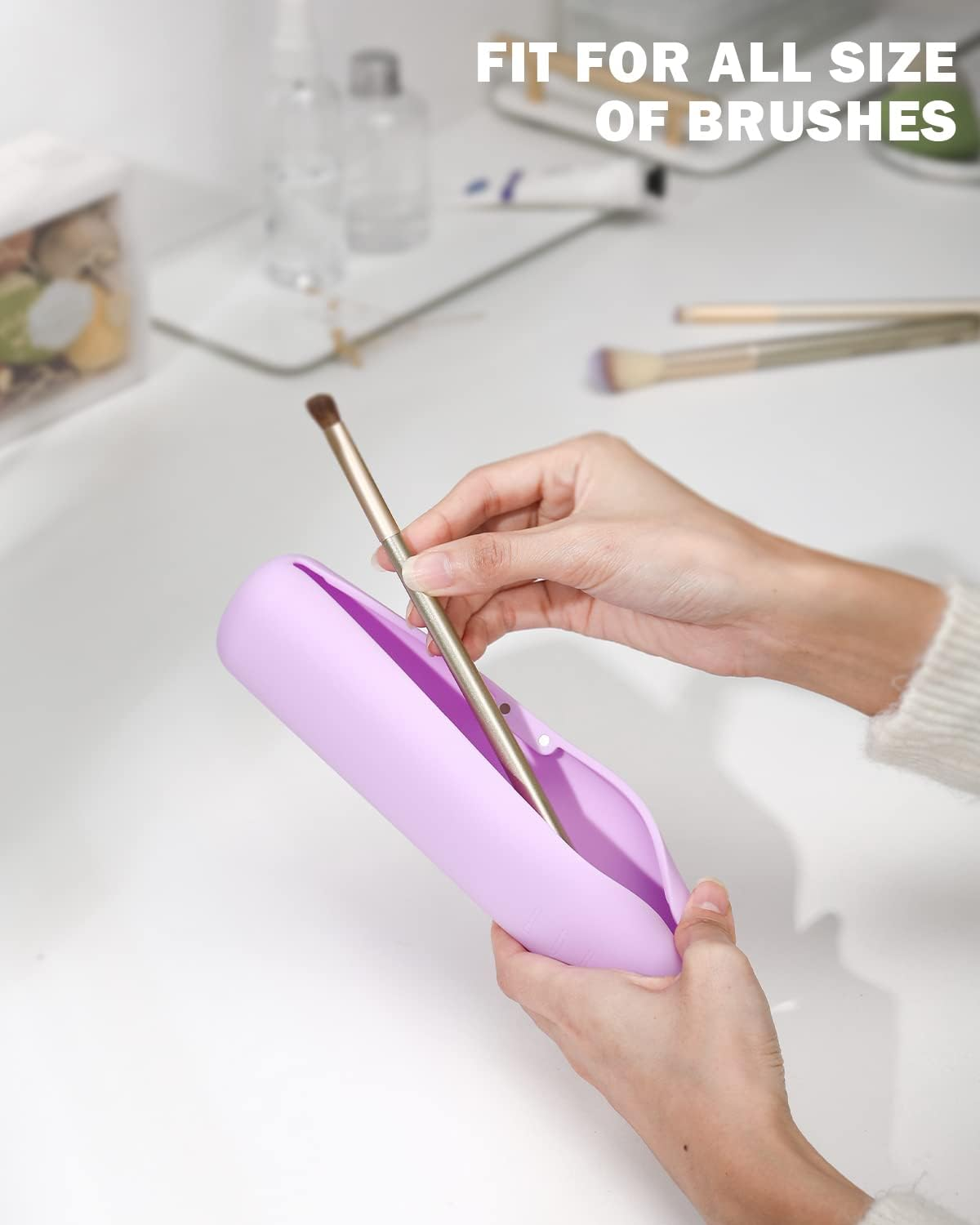 BEZOX Travel Makeup Brush Holder with Strong Magnetic Buckle, Silicone Make up Brush Pouch Case, Cosmetic Brush Mini Bag - Violet image number 6