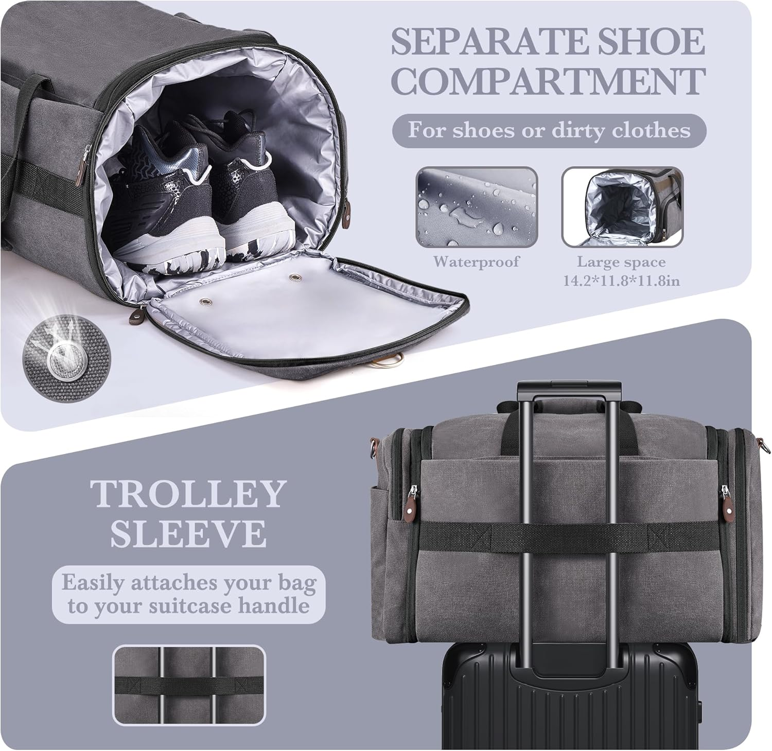 SHOWKOO Duffle Bag for Travel 60L Expandable Canvas Travel Bag Durable Vintage Weekender Overnight Carry on Bag, Dark Gray, Large-60L, Vintage image number 3