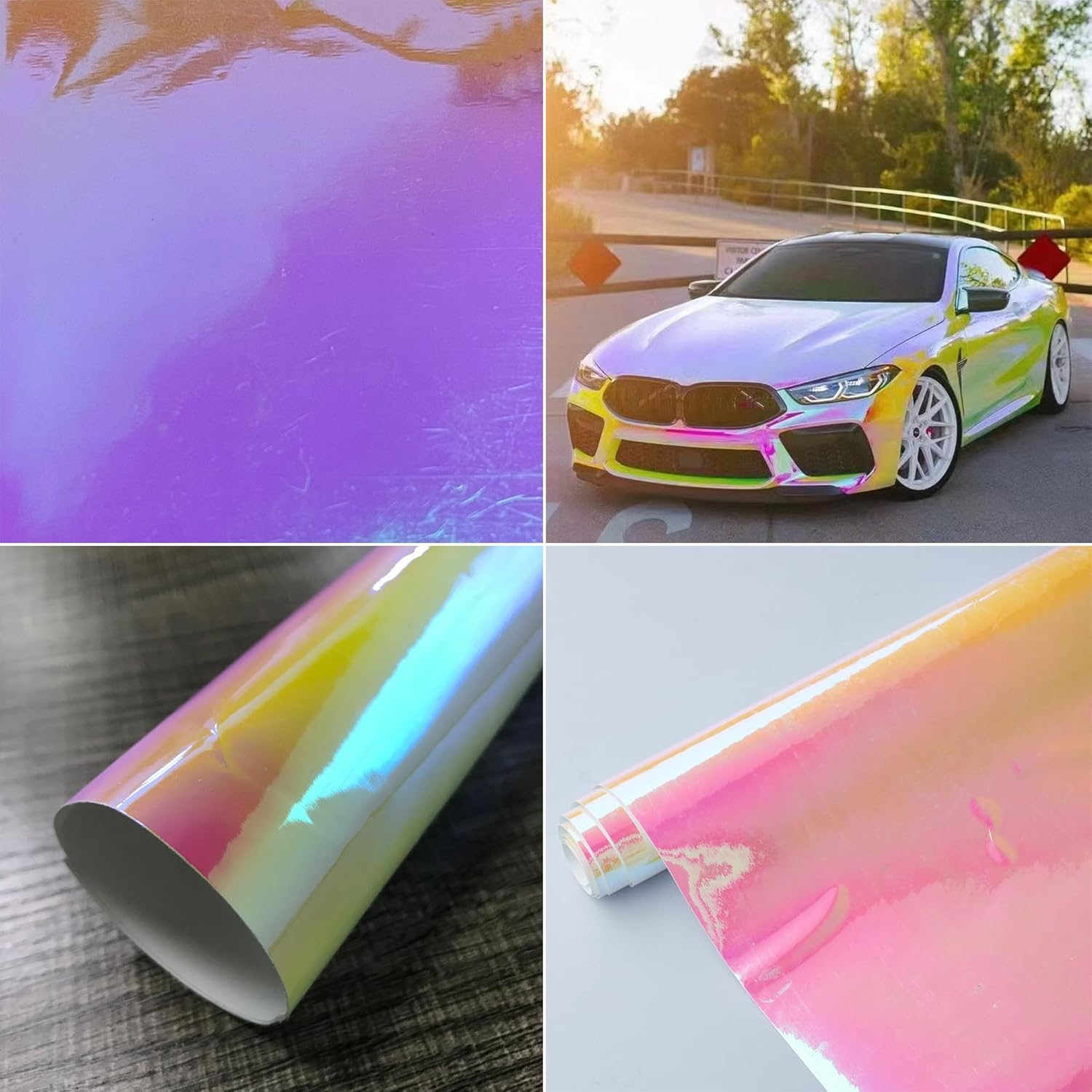 Aumohall Holographic Rainbow Pink Car Vinyl Wrap Chameleon Color Change High Gloss Self Adhesive Car Vinyl Film Roll, 53.14'' X 11.81'' image number 1