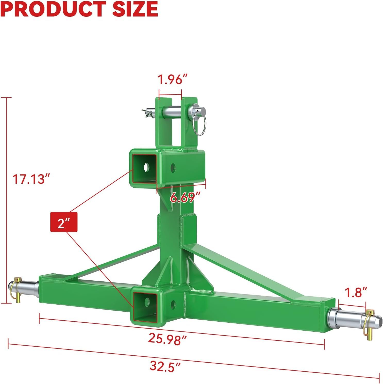 Green 3 Point Hitch Receiver with Dual 2&rdquo; Receiver, 3 Point Trailer Hitch for Tractor, Fit for Standard/5Th Wheel/Goose Neck Connections, 3 Pt Quick Hitch Farm Equipment and Subcompact Trailer Hitch image number 2