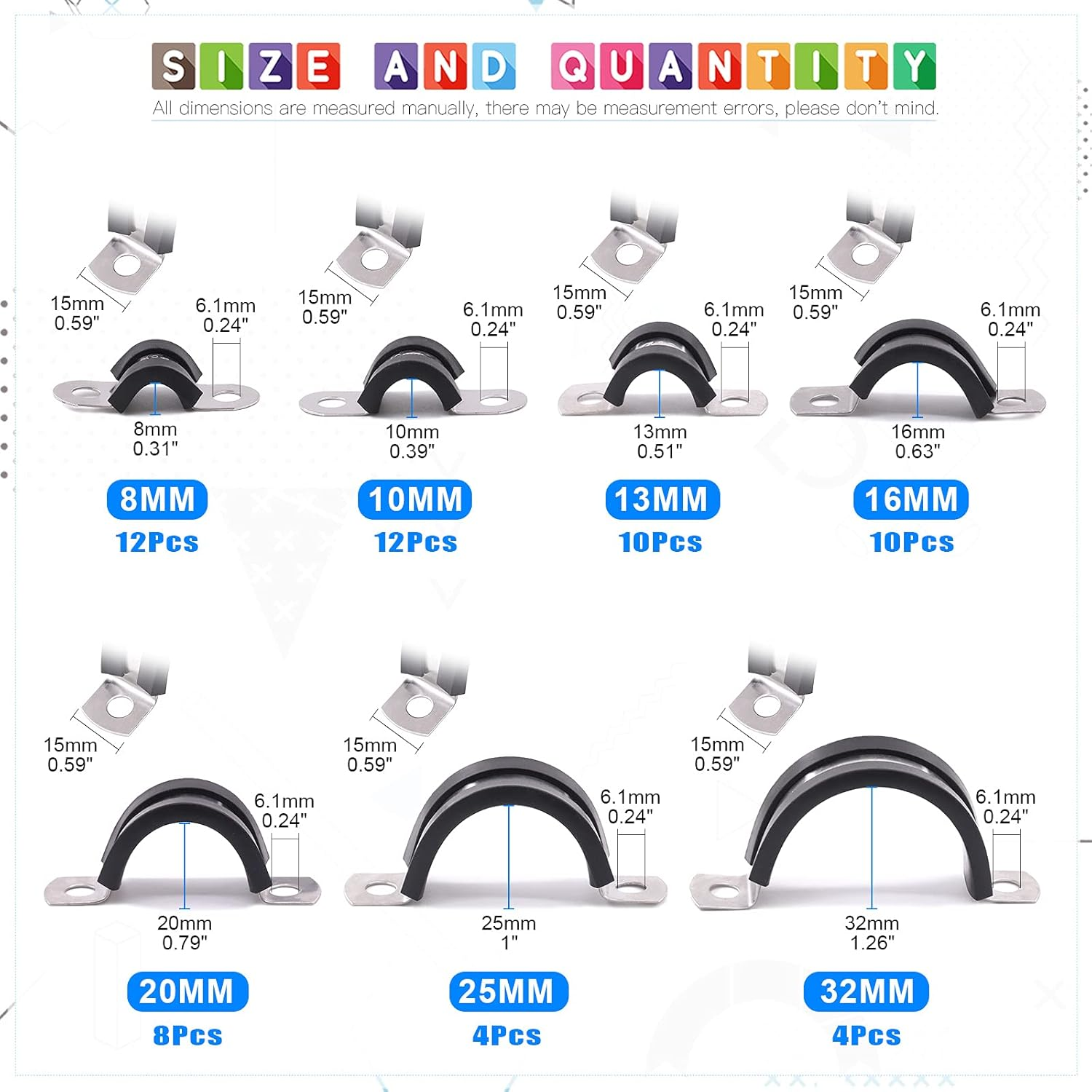 Glarks 60Pcs 8-32MM 2 Hole U-Tube Strap Clamp Set 304 Stainless Steel Rubber Cushion Rigid Pipe Strap U Bracket Tube Strap Assortment Kit for Pipe Tube Fixing (8-32Mm Strap Clamp Set) image number 5