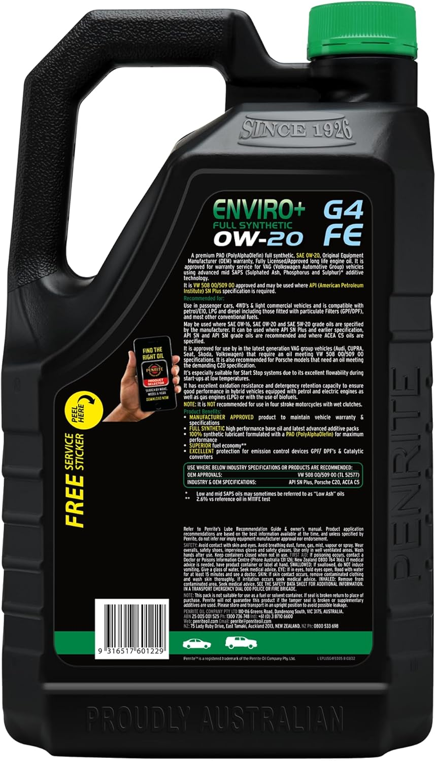 Penrite Enviro+ G4 0W-20 Engine Oil 5L - EPLUSG4FE005 image number 1