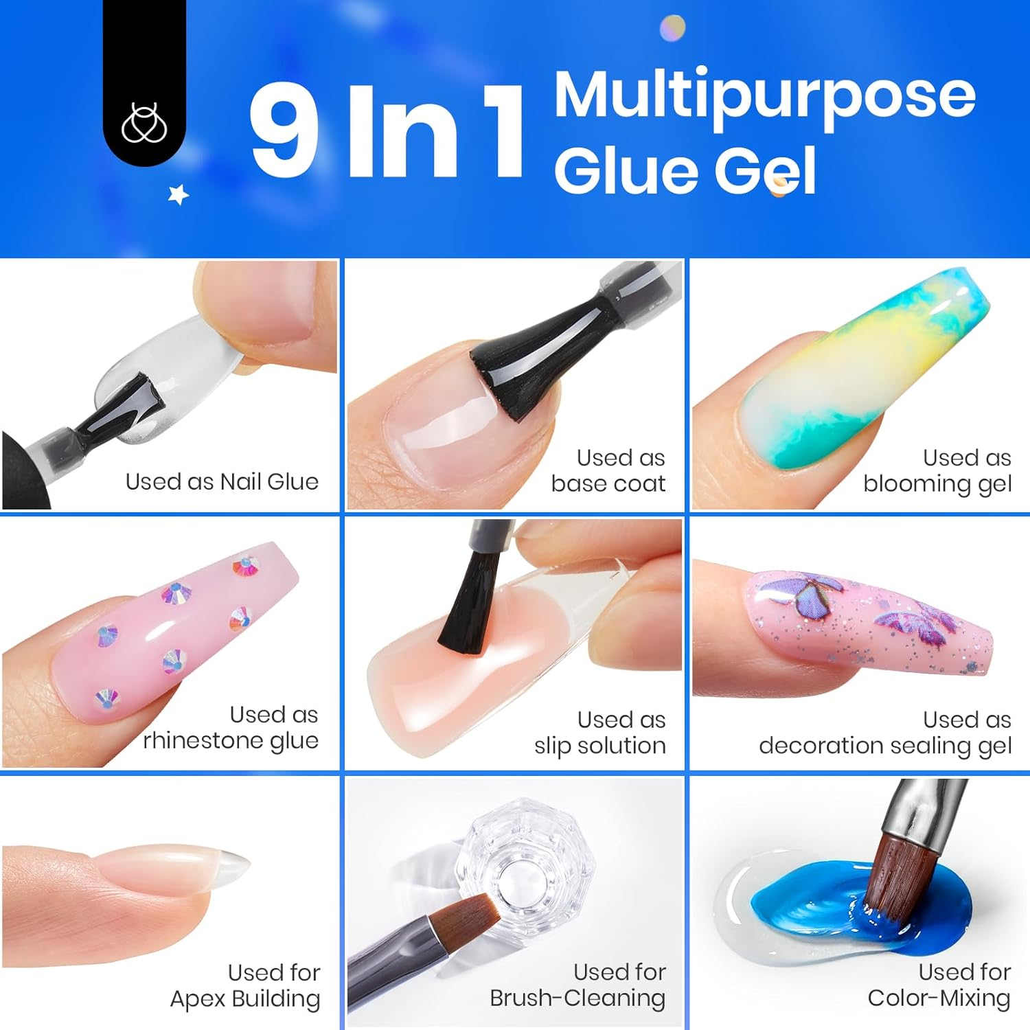 Beetles 9 in 1 Gel Nail Glue for Acrylic Nails Tips, 2 Pcs 10Ml Super Strong Nail Glue for Clear False Nails Tips Base Coat Rhinestones Blooming Art Gel Long Lasting U V Light Cure