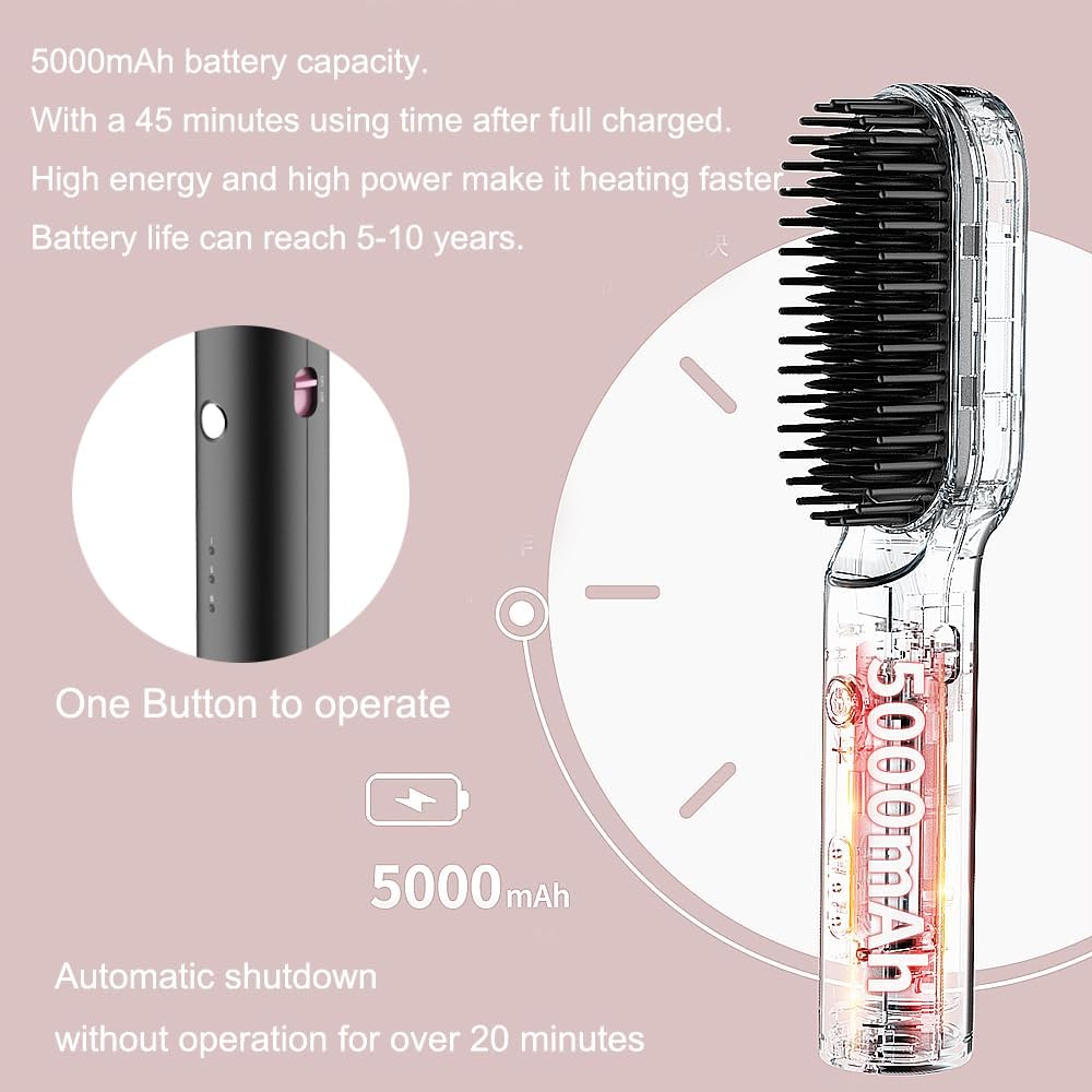 Portable Battery Hair Straightener Brush for Curly Hair-Rechargeable Mini Size Portable Hair Straightener Brush Anti-Scalding Heated Comb image number 3