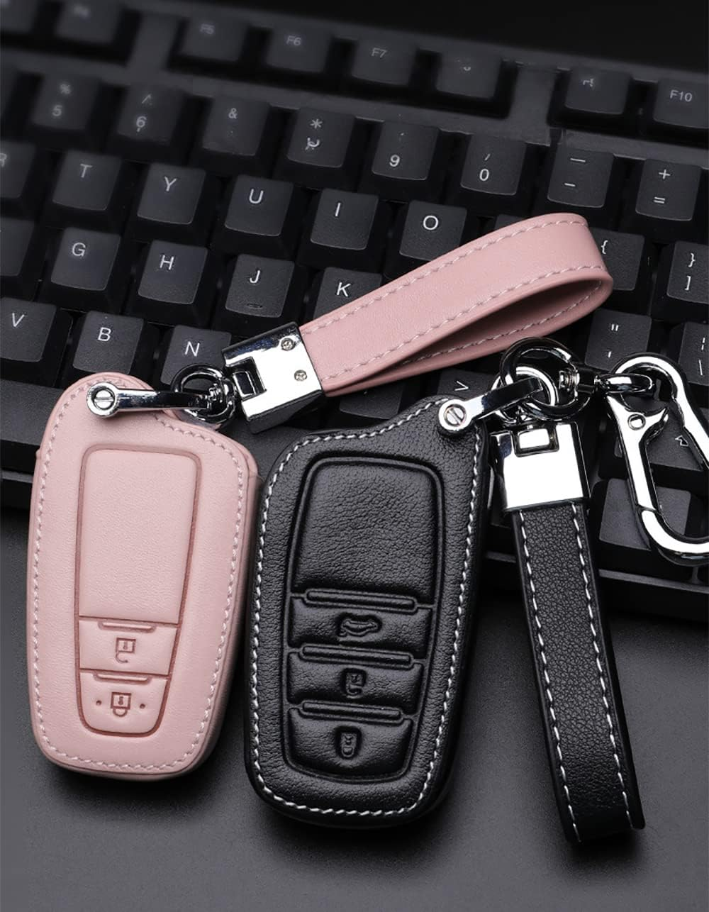 Ontto Leather Car Key Fob Cover Fit for Toyota Hilux SW4 Innova Fortuner Crown Land Cruise Accessories Key Case Key Holder Key Shell Keychain Keyring Protector 3 Buttons Black - 2 Buttons-Pink image number 4