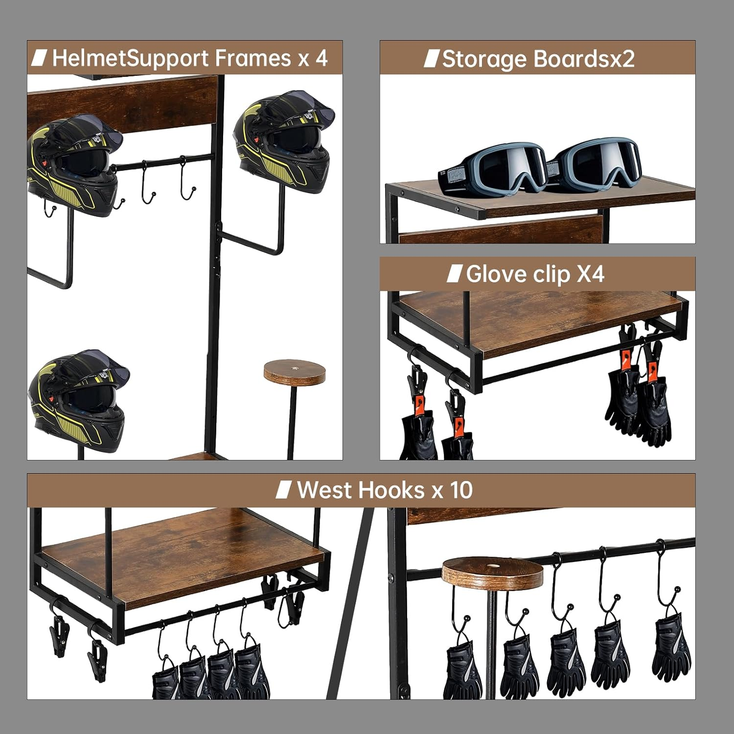 Motorcycle Helmet Holder Wall Mounted, Helmet Holder Wall Mount with Helmet Rack, 4 Glove Chips and 10 Hooks, Rustic Helmet Holder and Motorcycle Helmet Rack for Most of Helmet and Clothes image number 2