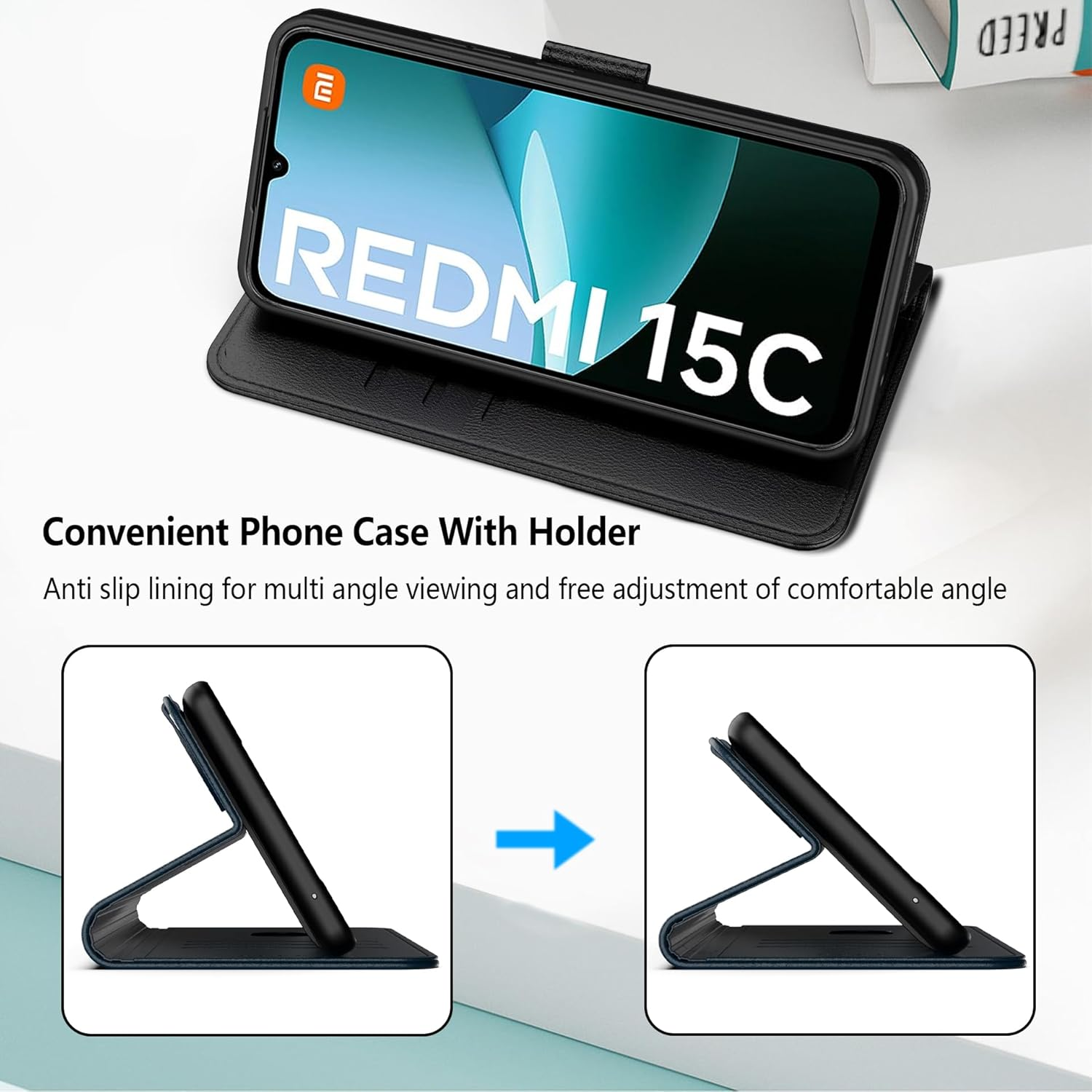 Aiziki for Xiaomi Redmi 15C 4G Phone Case, Leather Flip Case with 3 Card Slots & Kickstand, Anti-Drop, Magnetic Closure, Compatible with Xiaomi Redmi 15C 4G Case- Black image number 1