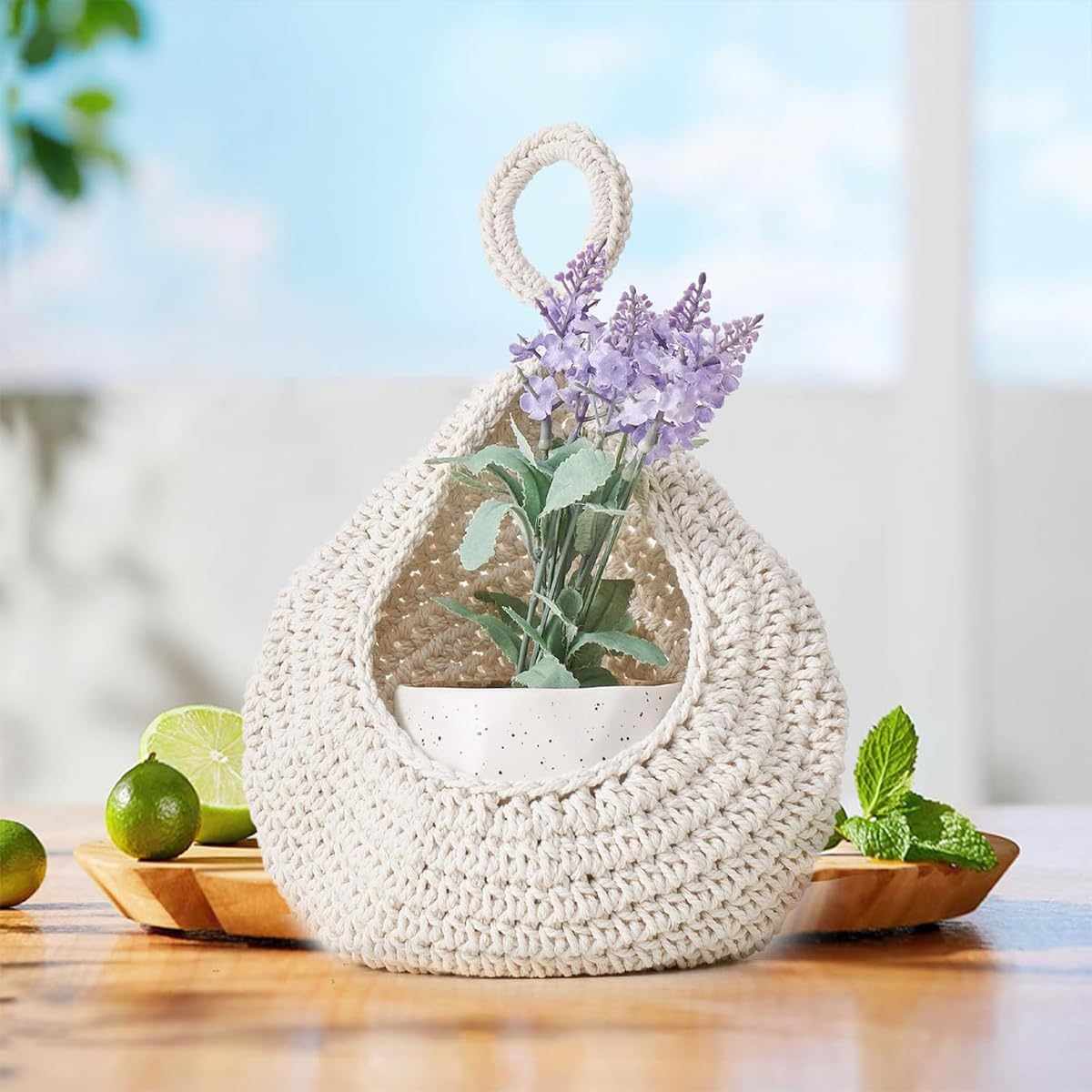 AIMALL Handmade Cotton Rope Wall Hanging Fruit Basket Storage Net Pocket Waterdrop Shape for Kitchen and Home Organisation image number 2