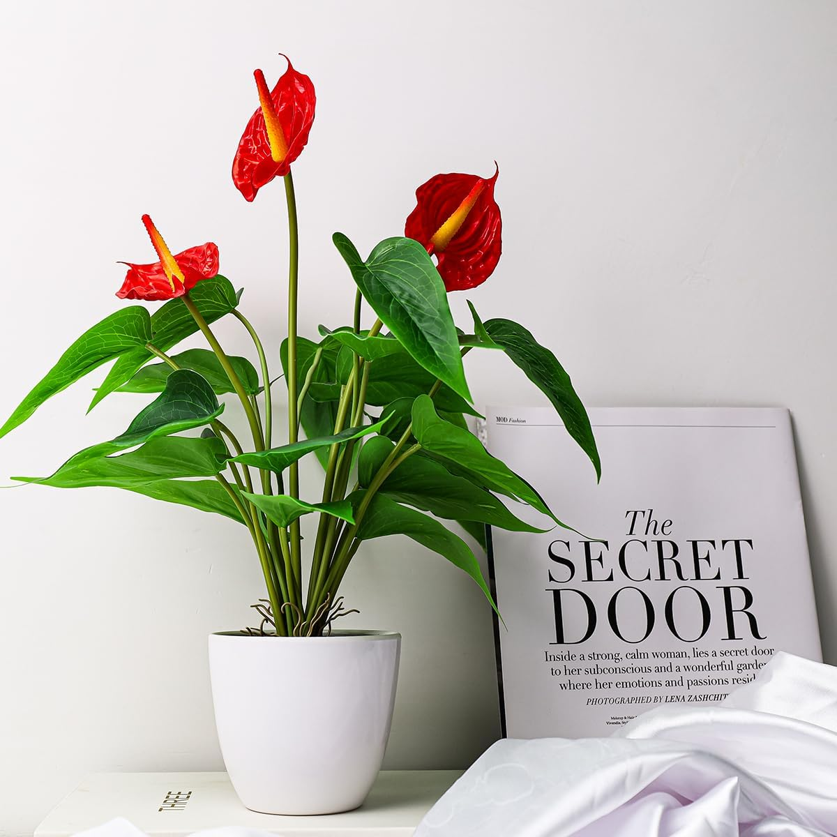 Folmywy Artificial Flower Plants Anthurium 38Cm Fake Potted Plant with Pot Red Faux Bonsai Tropical Flowers for Home Living Room Bedroom Office Indoor Outdoor Occasions Decor image number 3