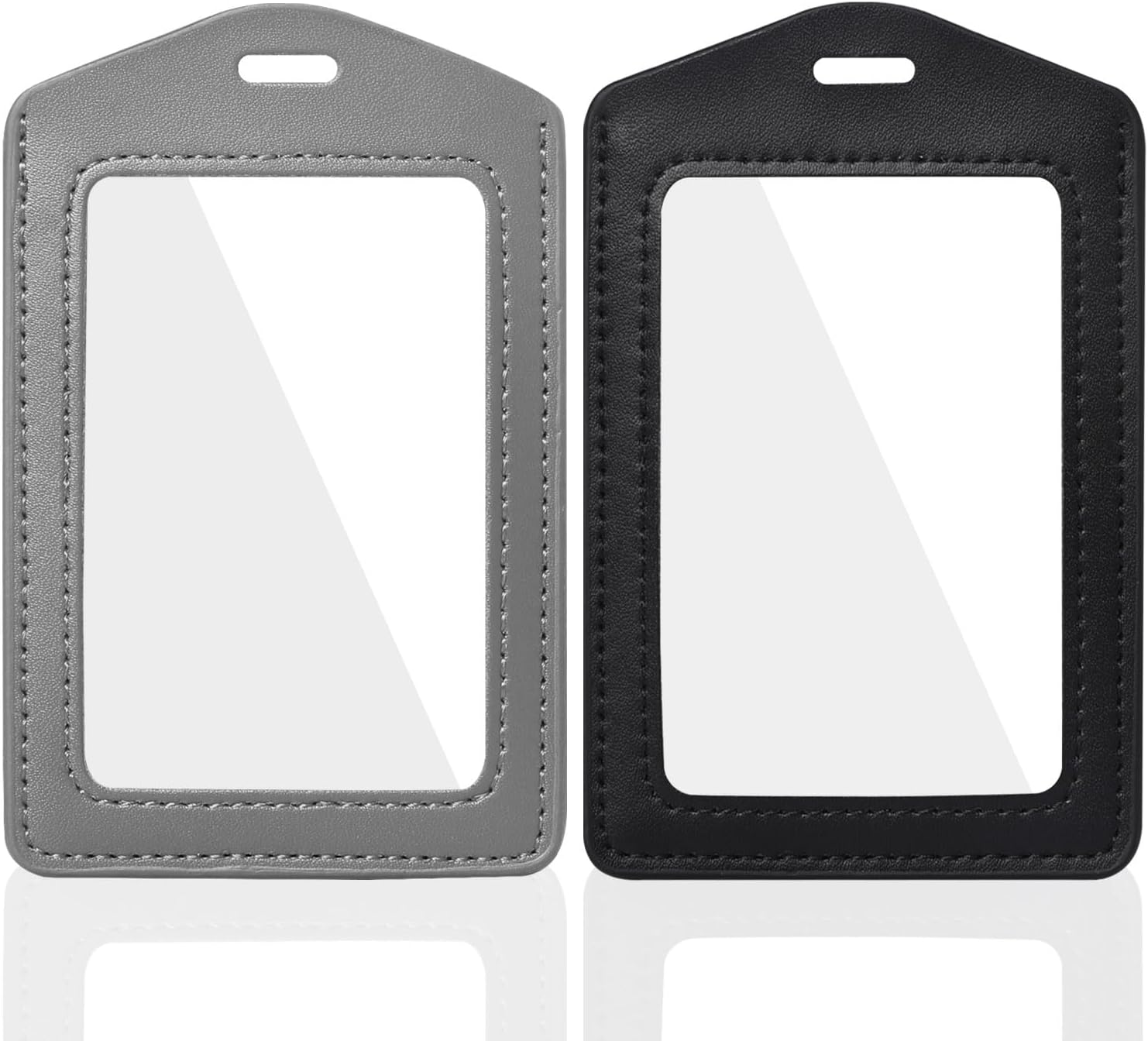 2 Pack Genuine Leather ID Badge Holders, Vertical ID Card Holders with Dual-Side Clear Window, Waterproof Name Badge Holde Suit for Office, Staff, Students, Employees(Blue&Coffee)