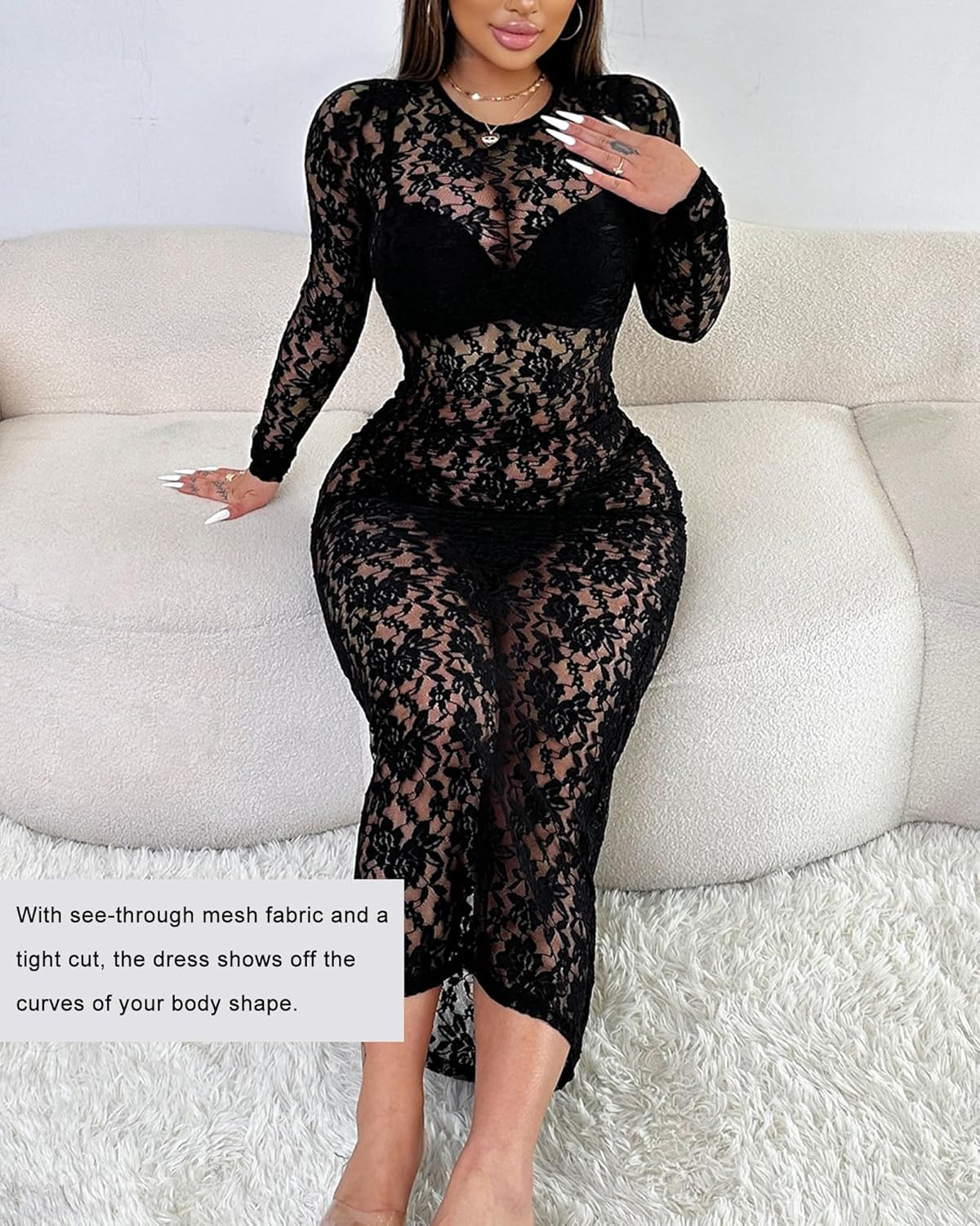 Elegant Long Sleeve Lace Dress for Women - Lace Maxi Dress with Sheer Overlay, Sexy Maternity & Evening Gown image number 4
