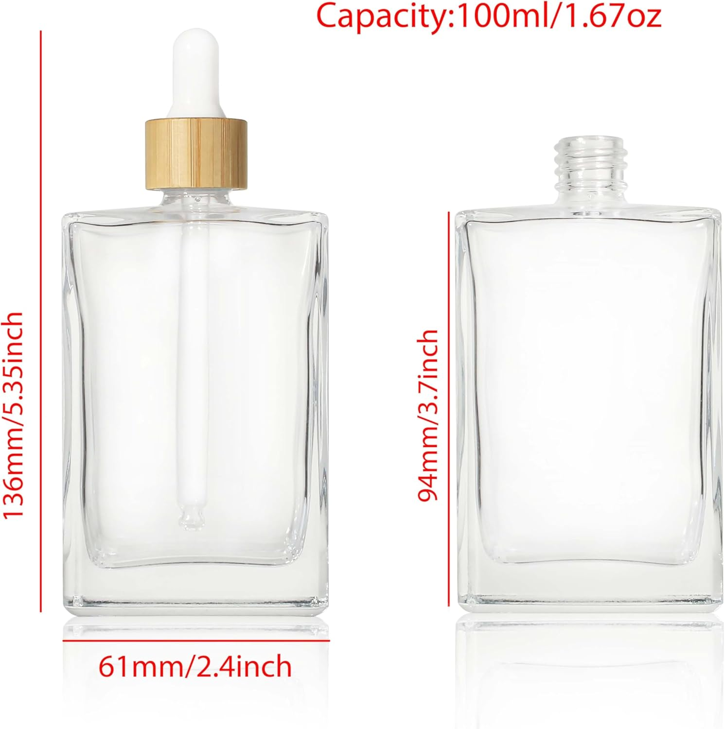 COSIDEA 3 Pcs Empty 3.33Oz / 100Ml Empty Clear Flat Glass Dropper Bottles Droppers for Oils Bamboo Cap Essential Oil Bottle Travel Serum Containers