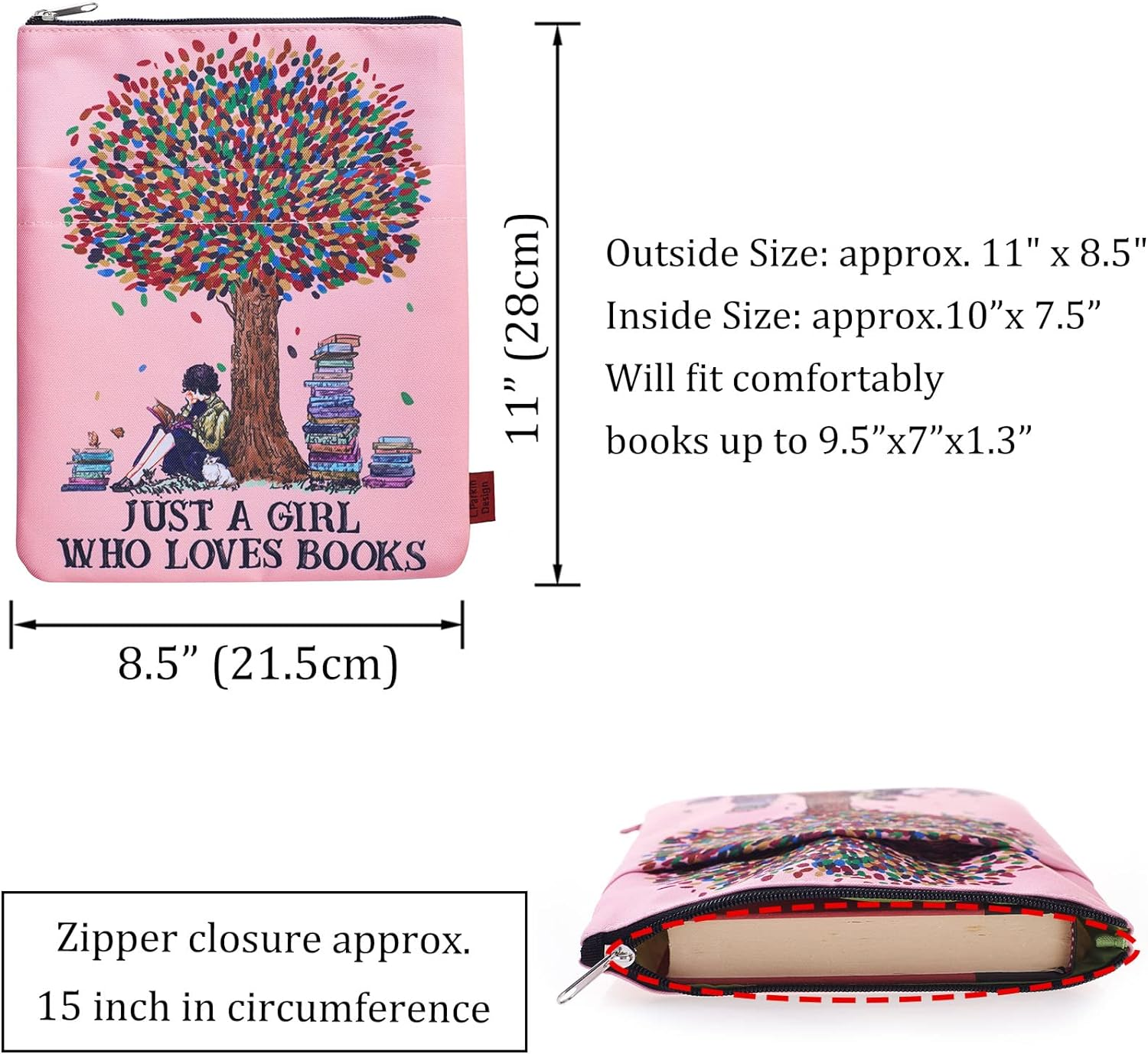 Just a Girl Who Loves Books, Book Sleeve with Zipper,Book Nerd Gifts, 11X8.5 Inch, Washable Fabric image number 6